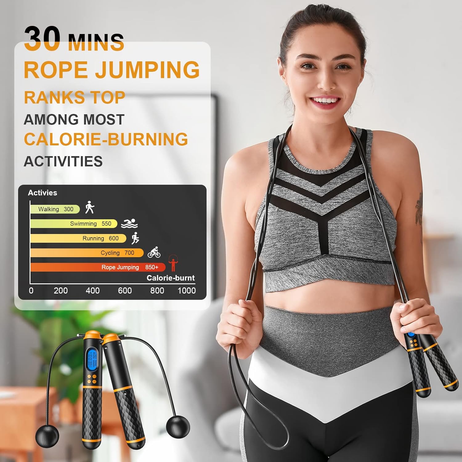 Cuerda de saltar inteligente, cuerda de saltar de fitness con registro de pesoapacióntiempocalorías, cuerdas de saltar ajustables para gimnasio en