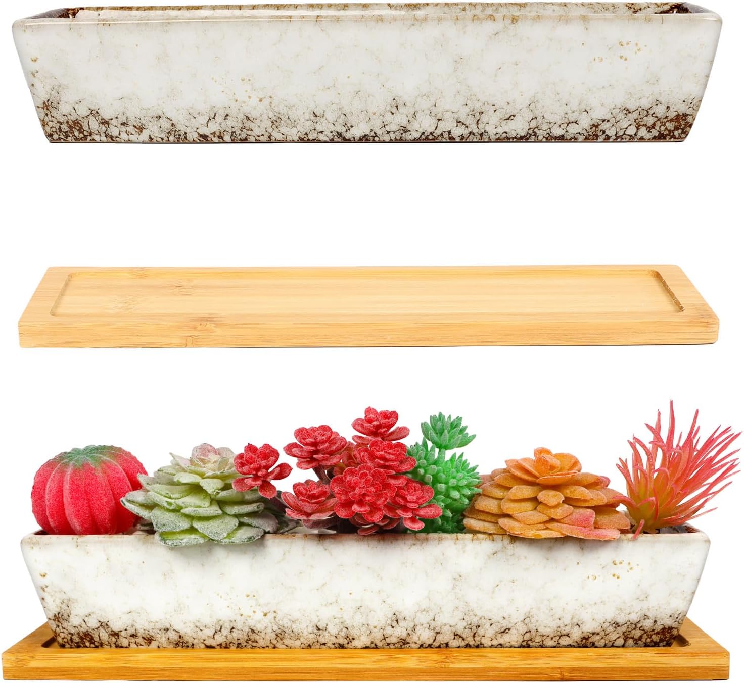 Macetero para suculentas, macetas rectangulares de cerámica para suculentas, mini contenedores de flores con platillos de bambú para oficina,