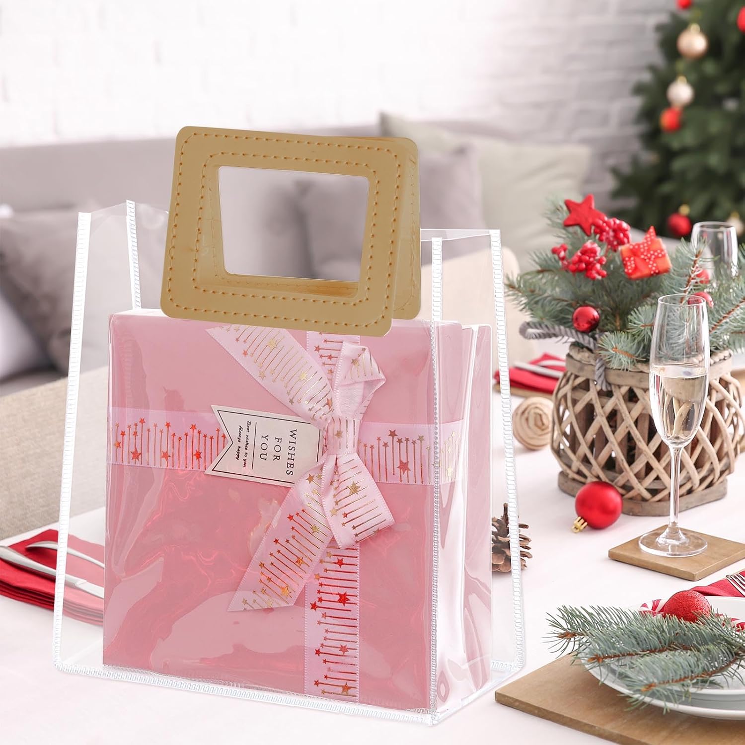 Yolyoo Paquete de 15 bolsas de regalo transparentes con asas blancas, bolsas de plástico de PVC transparentes para envolver regalos, bolsas de