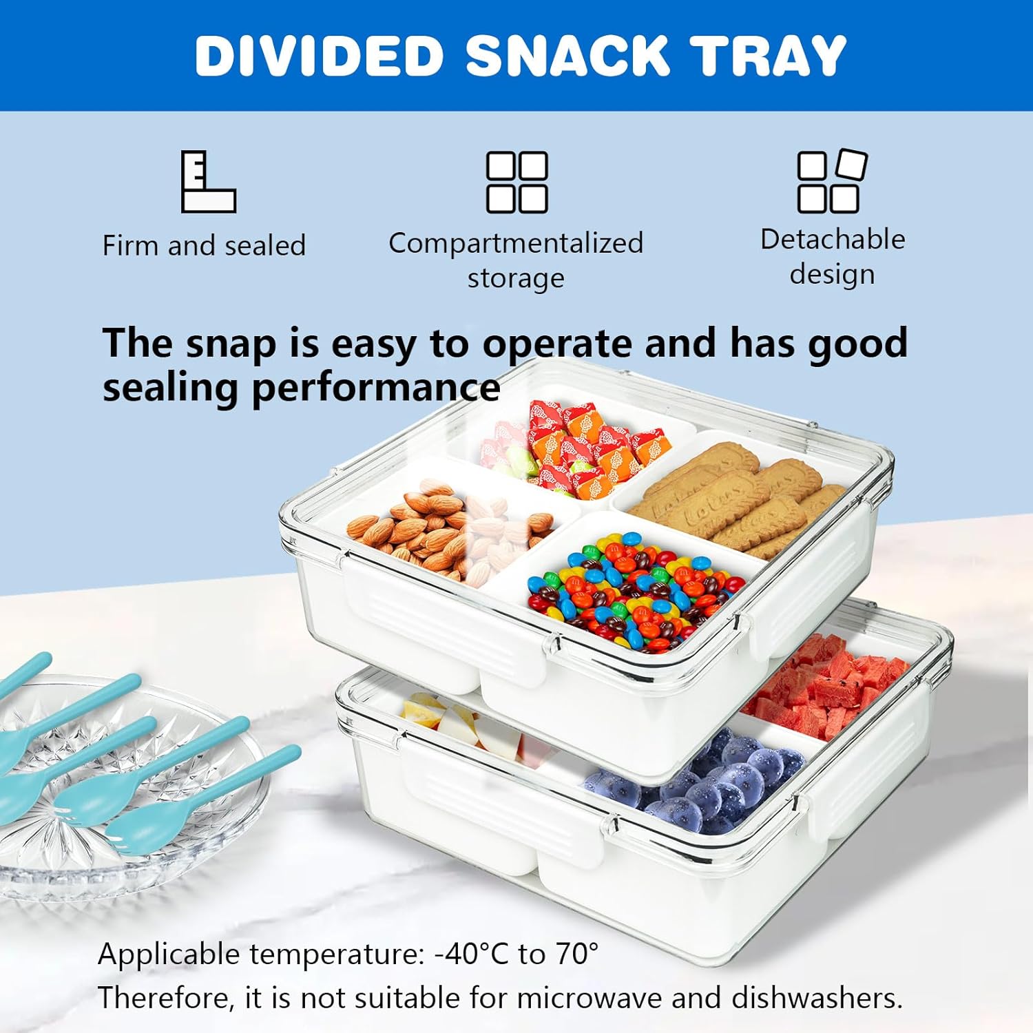 2 Pack Sealed 4 Compartment Snackle Box Container, Divided Food Serving Trays & platters with Lid for Snack, Fruit, Vegetable, Fish, Meat,