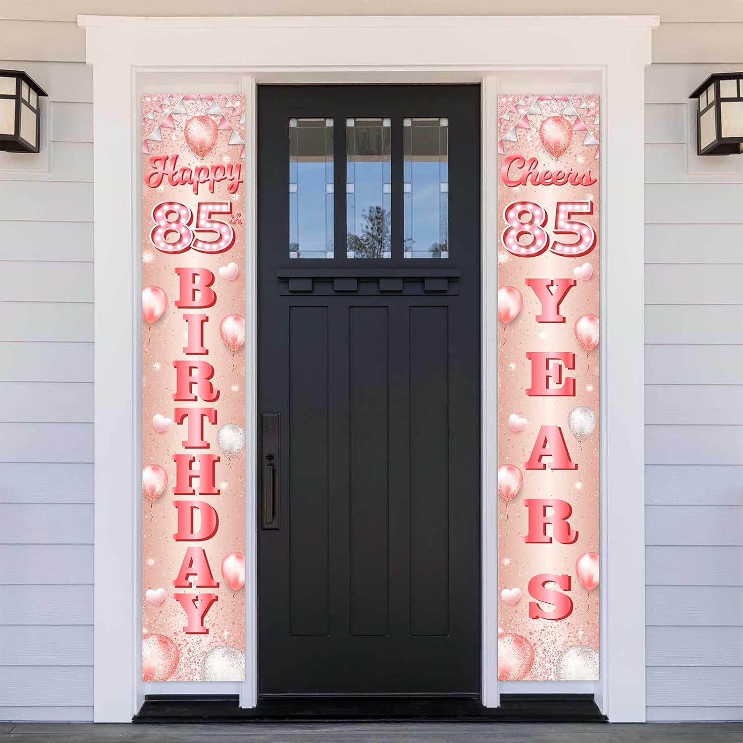 Cartel de feliz cumpleaños 85 de oro rosa, telón de fondo de globos de confeti de 85 años, decoración temática de globos de confeti para mujeres de