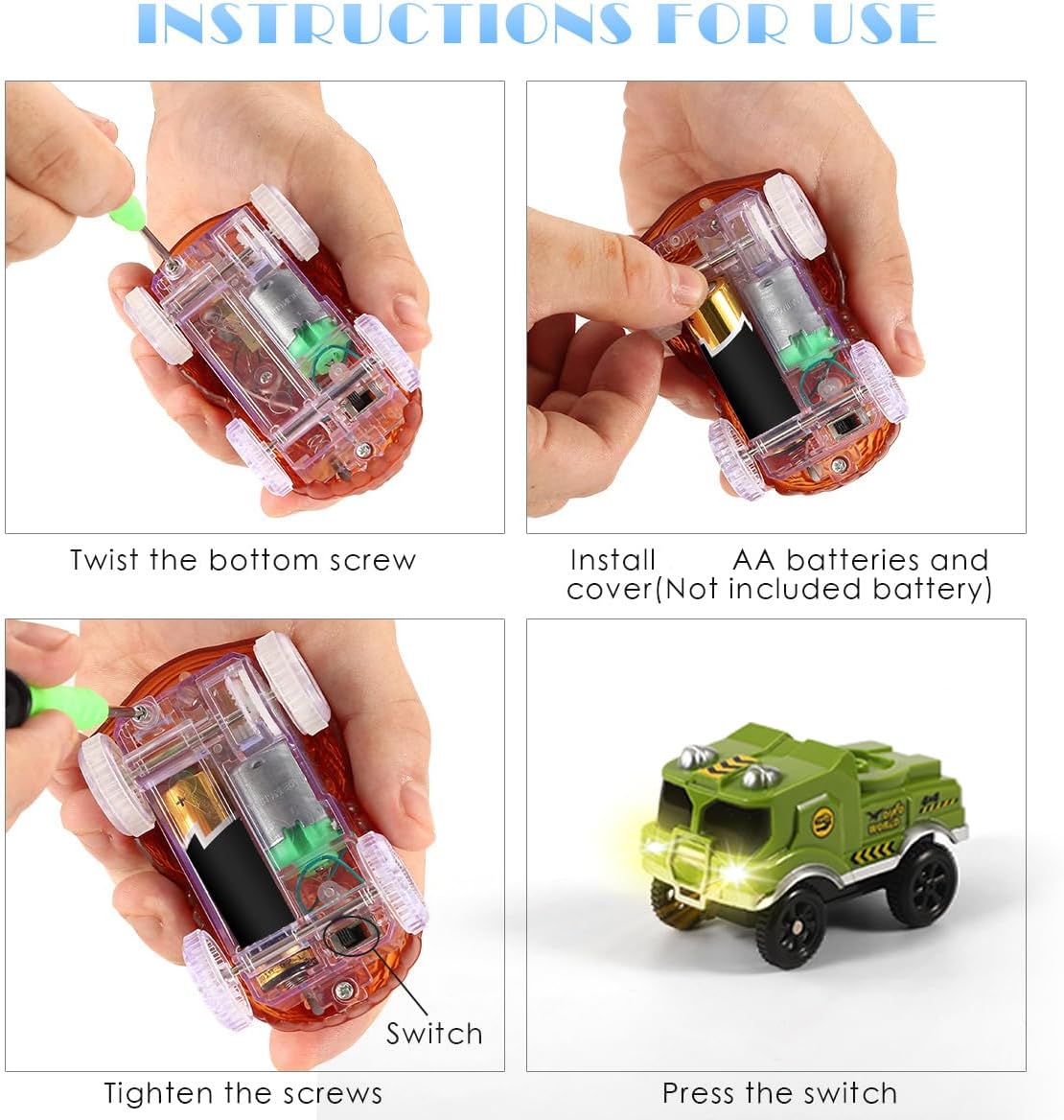 Solo repuesto de autos de pistas, autos de pista que brillan en la oscuridad, accesorios para pistas de automóvil con 3 luces LED intermitentes,
