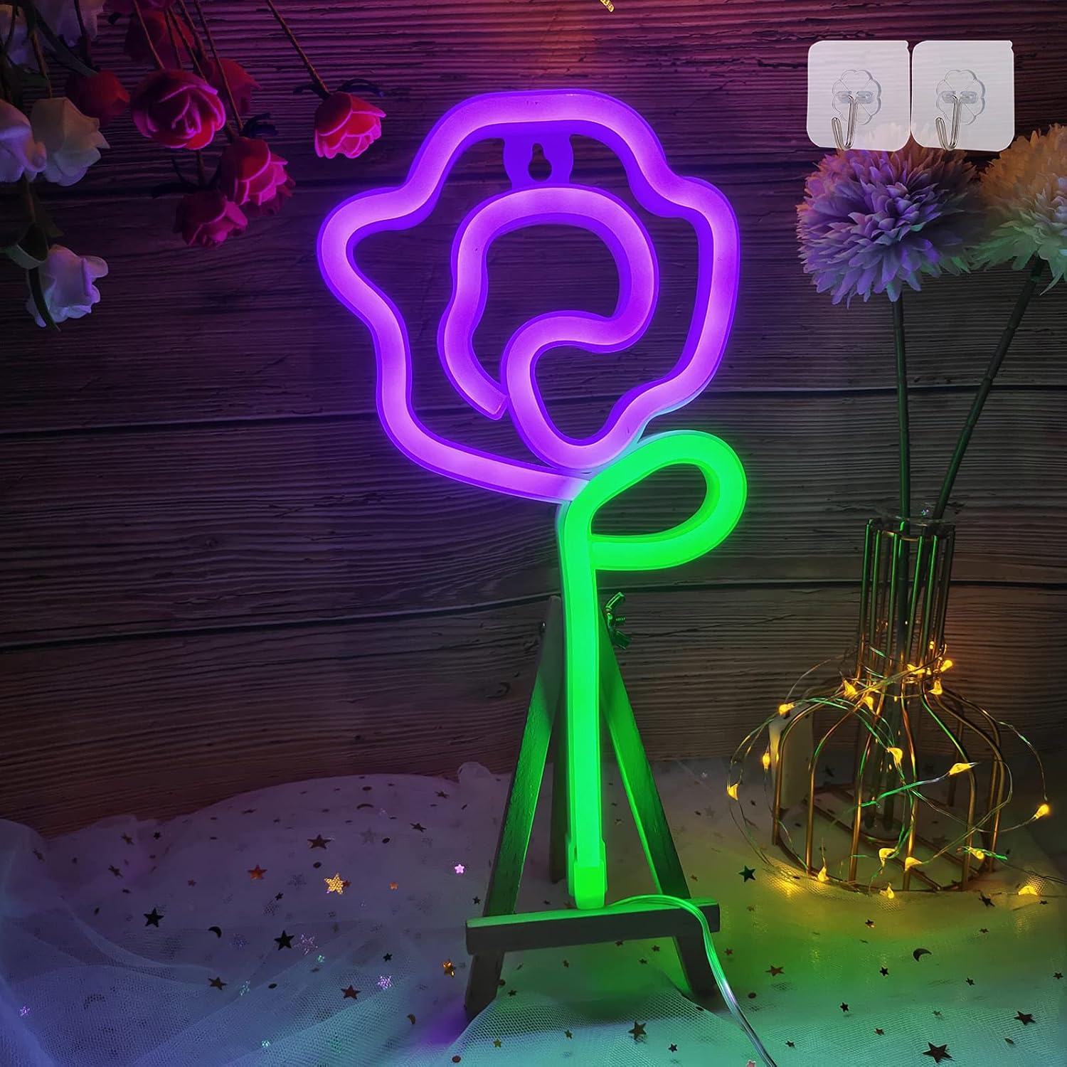 ENUOLI Letreros de neón, luz de neón de flores de rosa, decoración de pared, luz nocturna alimentada por batería o USB, para dormitorio, fiesta,