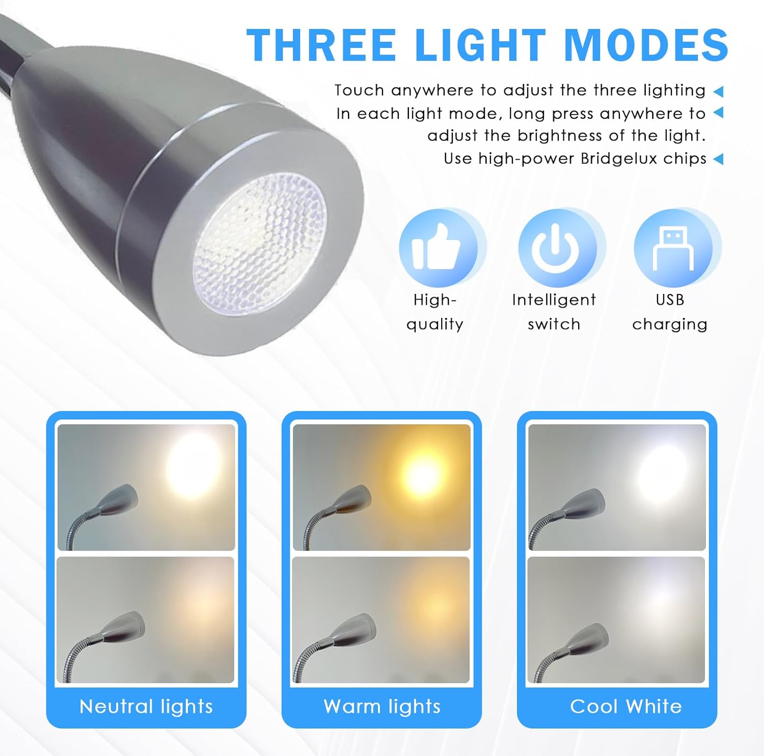 TZnpnor – Paquete de 2 luces LED de noche de 12 a 24 V, puerto de carga USB, cuello de cisne, atenuación táctil, foco giratorio de 360 para cámper,
