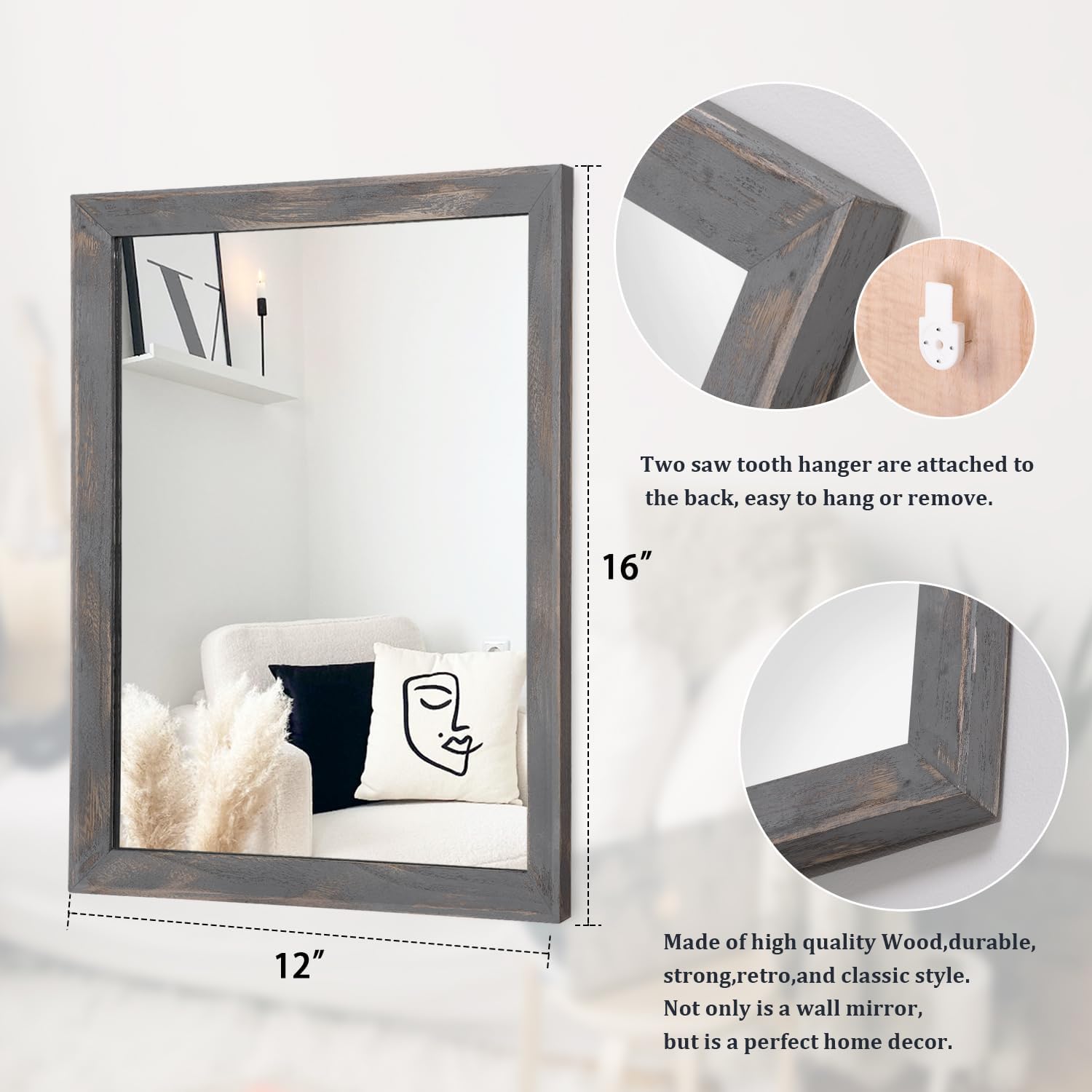 AAZZKANG Espejo de madera rectangular rústico para decoración de pared para dormitorio, baño, sala de estar, entrada, decoración del hogar