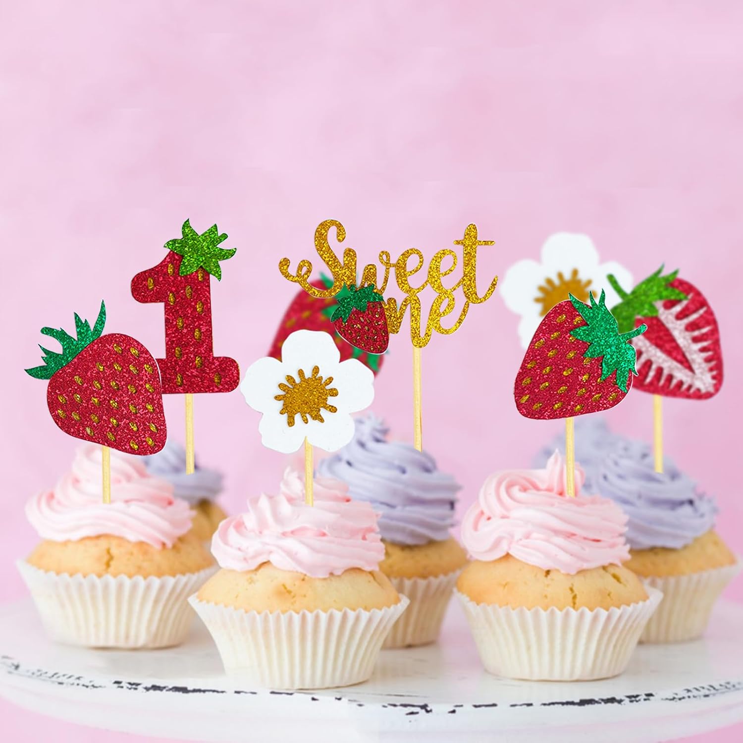 Mulukaya 24 piezas con purpurina de fresa dulce uno para cupcakes, palillos para tartas temáticas de frutas, bayas, suministros de decoración de