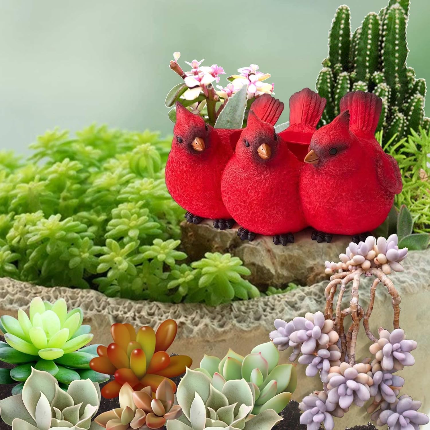 Maceta de trío cardenal de resina, maceta de trillizos de pájaros rojos, resina creativa de tres pájaros pequeños, estatua de adorno de interior