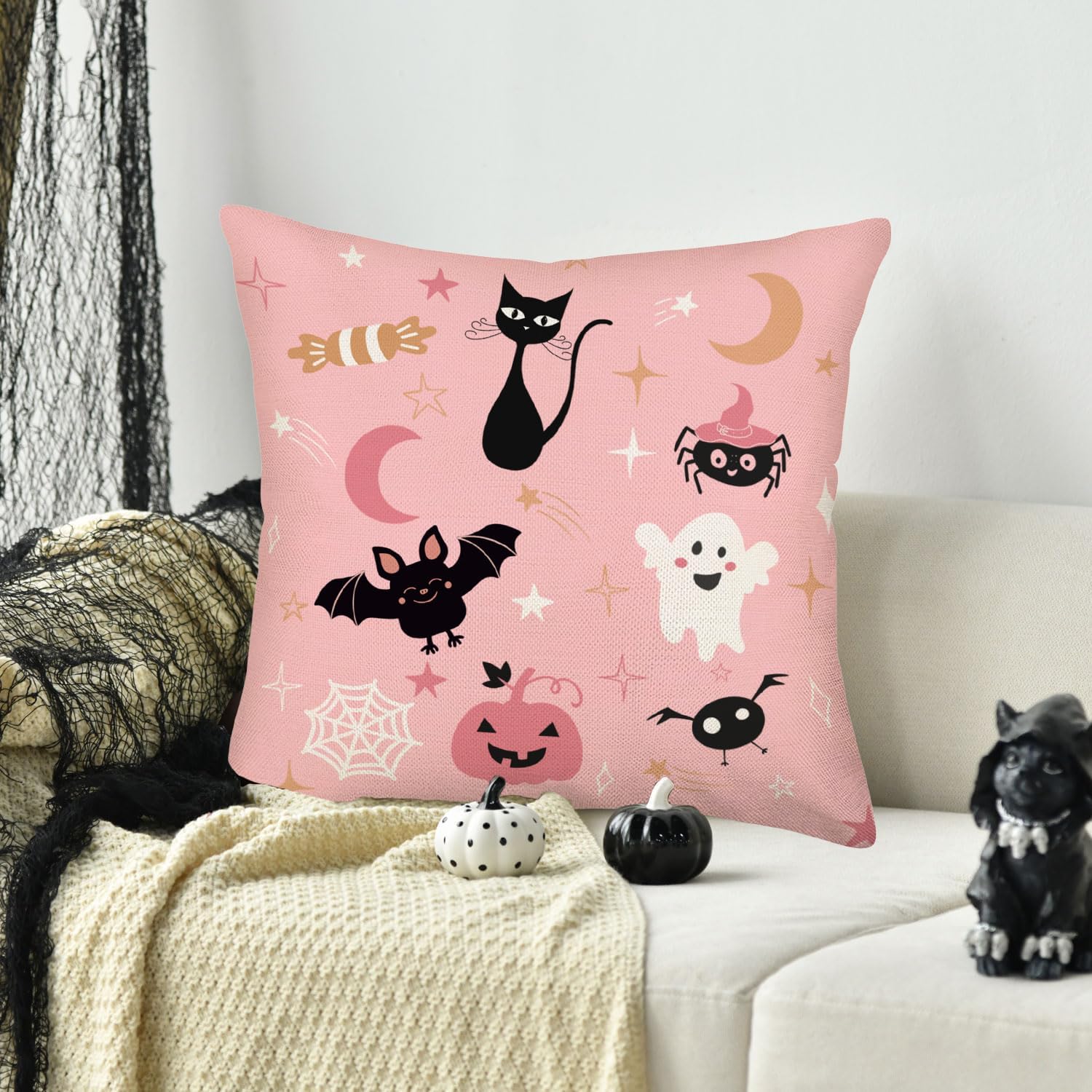 Fukeen Fundas de almohada decorativas de Halloween de 18 x 18 pulgadas de color rosa con diseño de gato, murciélago, araña, calabaza, fantasma,