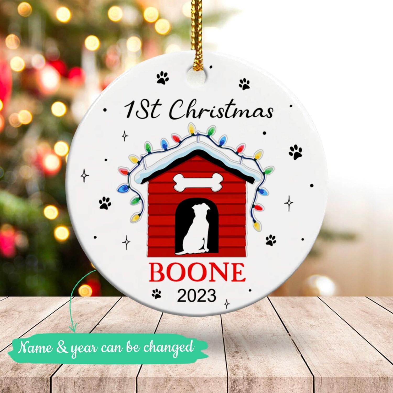 Adorno de cerámica personalizado para el primer perro bebé 2023, adorno personalizado para primera Navidad para mascotas con nombre y año, adorno de