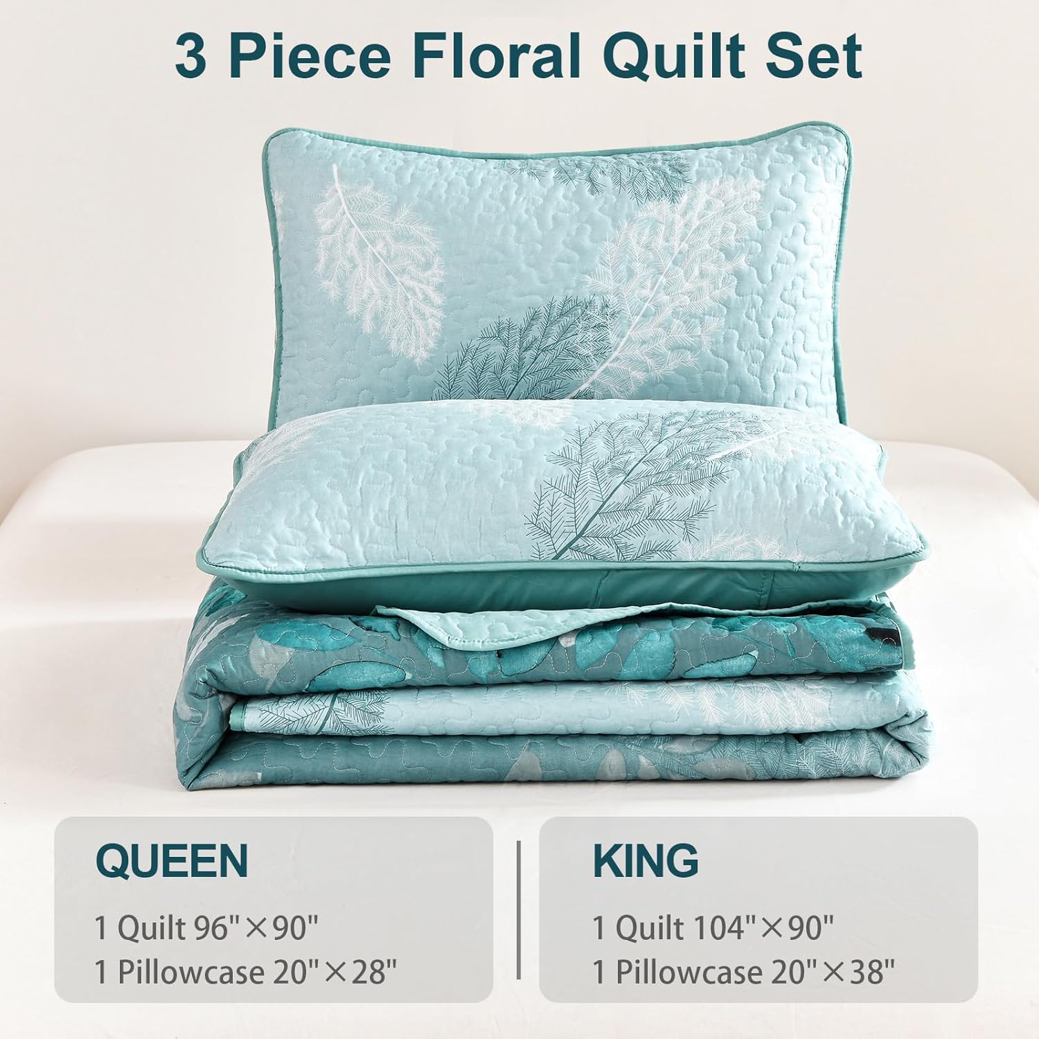 WONGS BEDDING Juego de edredón floral tamaño Queen, juego de colcha de 3 piezas con hojas botancales aguamarina con 2 fundas de almohada para todas