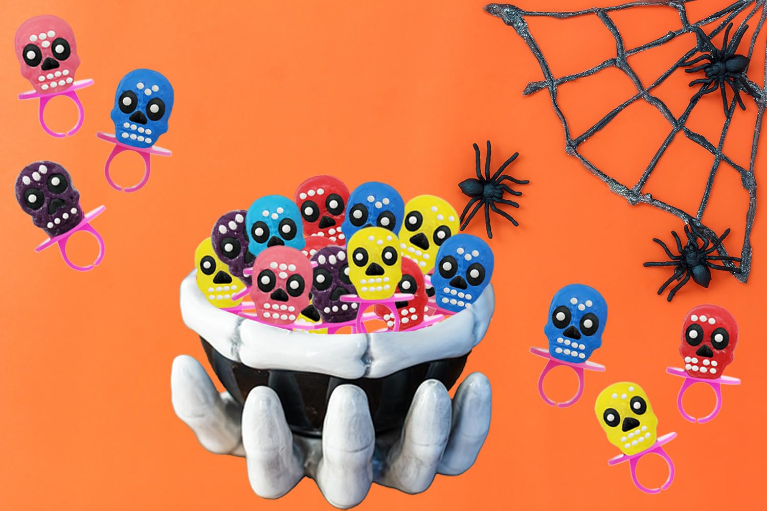 Anillos de caramelo de calavera de Halloween, Día de los Muertos, caramelo duro, envueltos individualmente (paquete de 12)