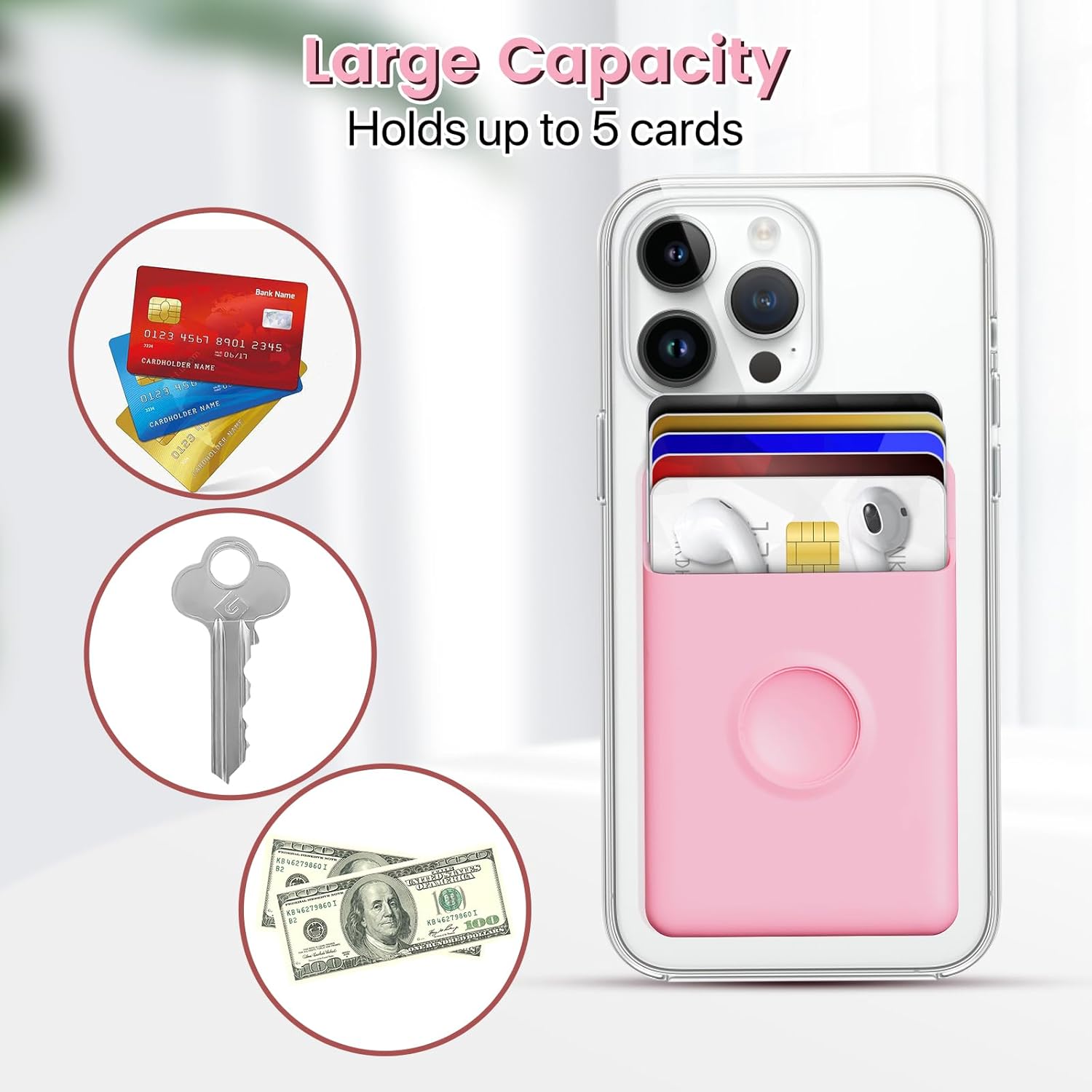 SS Cartera de teléfono adhesiva, tarjetero de silicona para la parte posterior del teléfono, compatible con iPhone, Samsung Galaxy y la mayoría de
