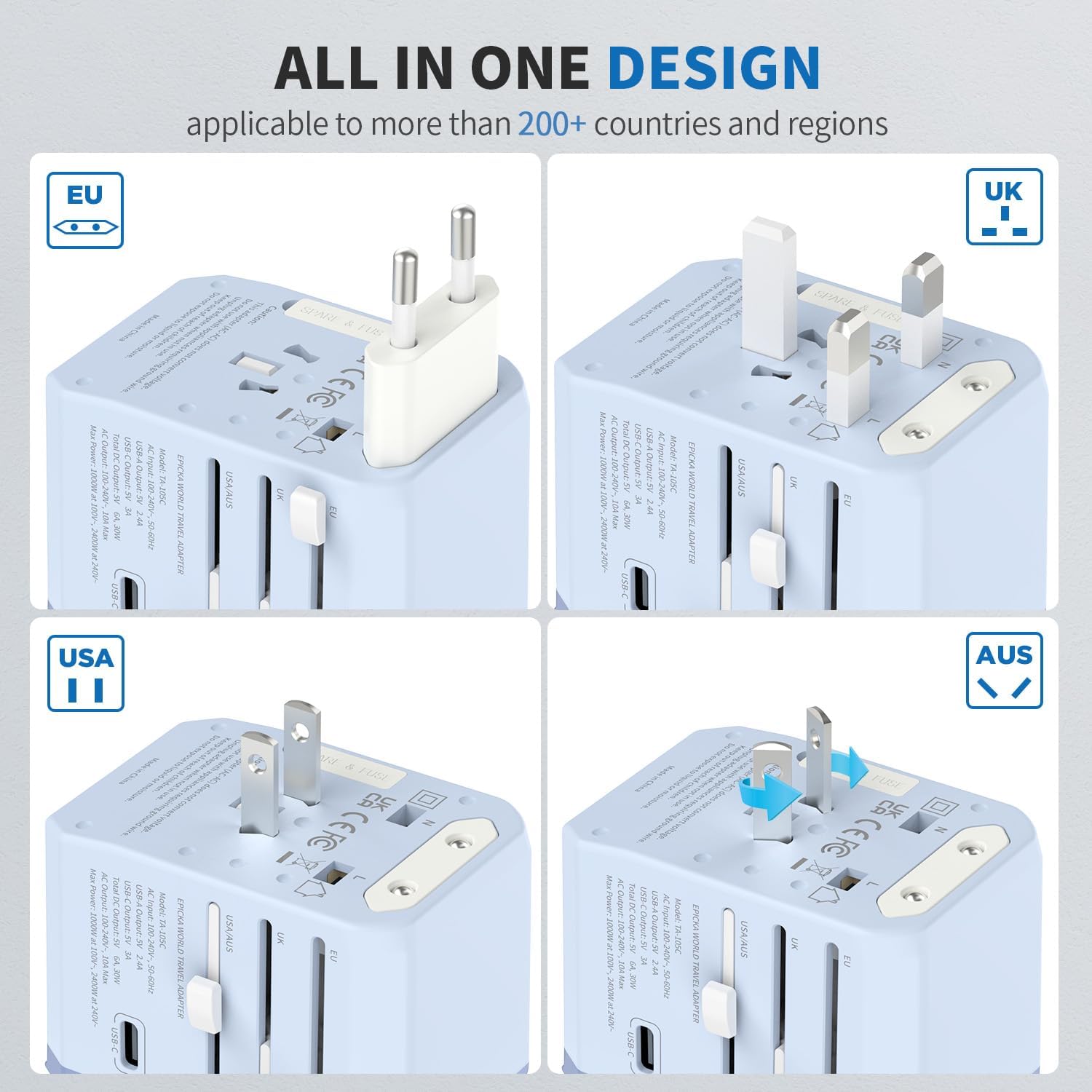 EPICKA Adaptador de viaje universal, adaptador de enchufe de alimentación internacional con 3 puertos USB-C y 2 puertos USB-A, cargador de pared