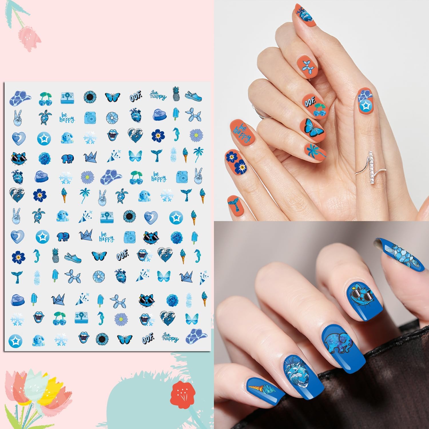 18 hojas de calcomanías para arte de uñas, calcomanías para mujeres y niñas pequeñas, diseño de panda, colorido, caricatura, fuego, sol, flor,