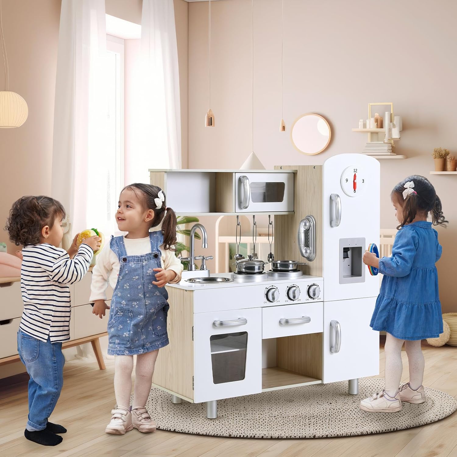 Arlopu Juegos de cocina preescolar, juego de cocina de simulación de madera, juego de cocina pequeño para niños pequeños con teléfono, estufa,