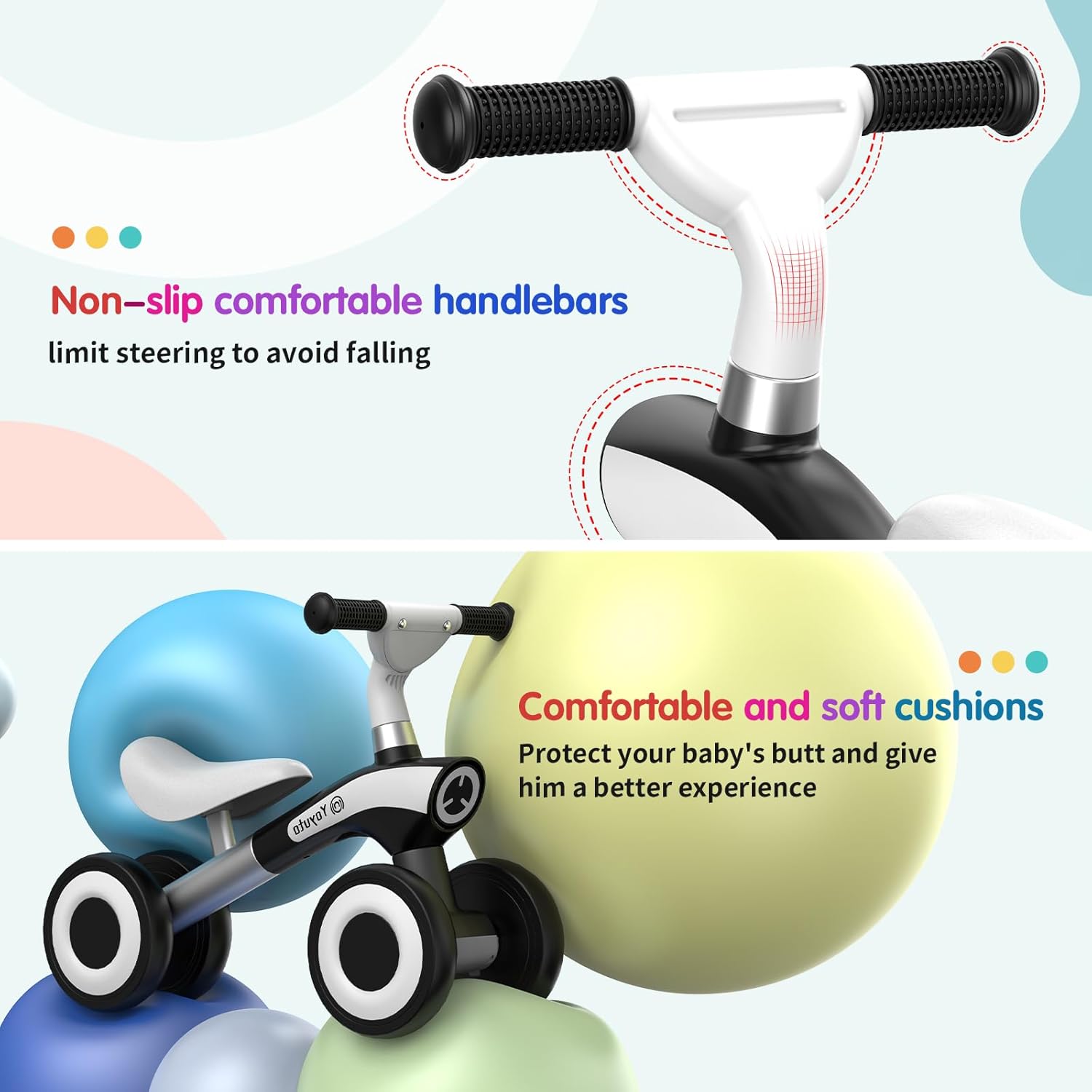 Yoyuto Bicicleta de equilibrio para bebés de 1 año, niños y niñas de 12 a 36 meses, 4 ruedas de silencio, asiento suave, juguetes de primera