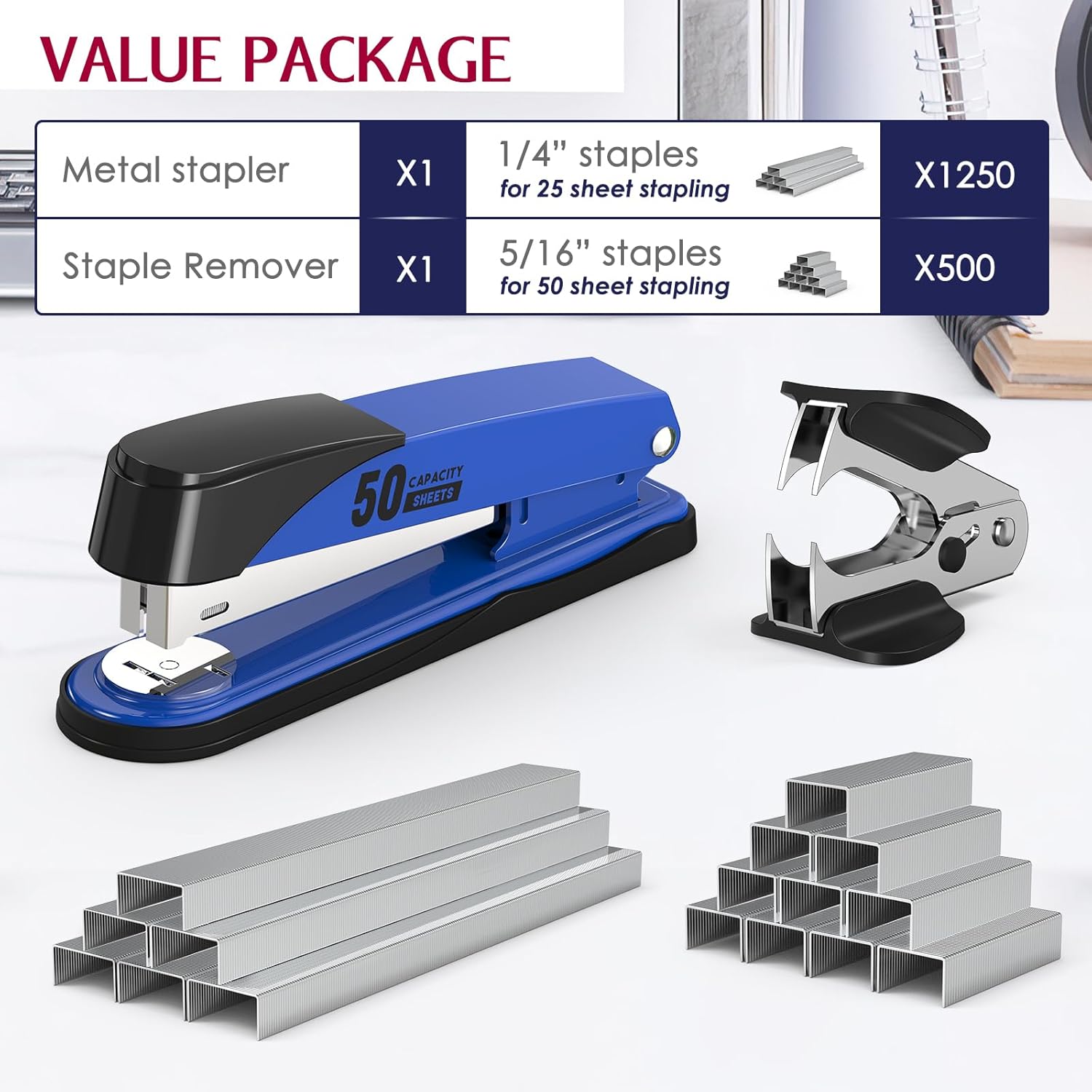 Engrapadora de metal resistente con capacidad de 50 hojas con 1750 grapas y removedor de grapas, engrapadora azul de tira completa para escritorio,