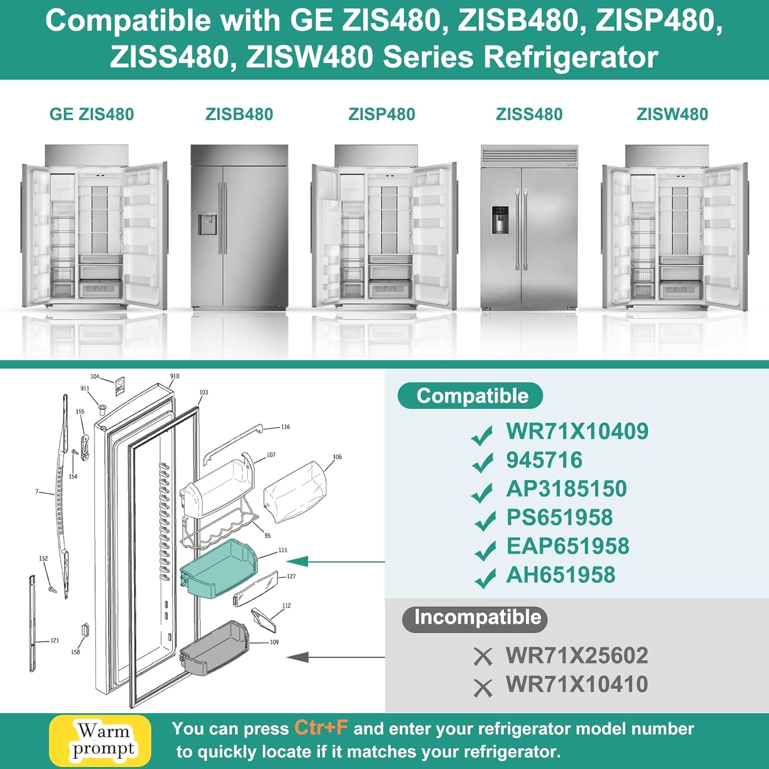 WR71X10409, PS651958 – Contenedor para puerta (galón) compatible con GE ZIS480, ZISB480, ZISS480, ZISW480, etc. Número de pieza 945716, AP3185150,