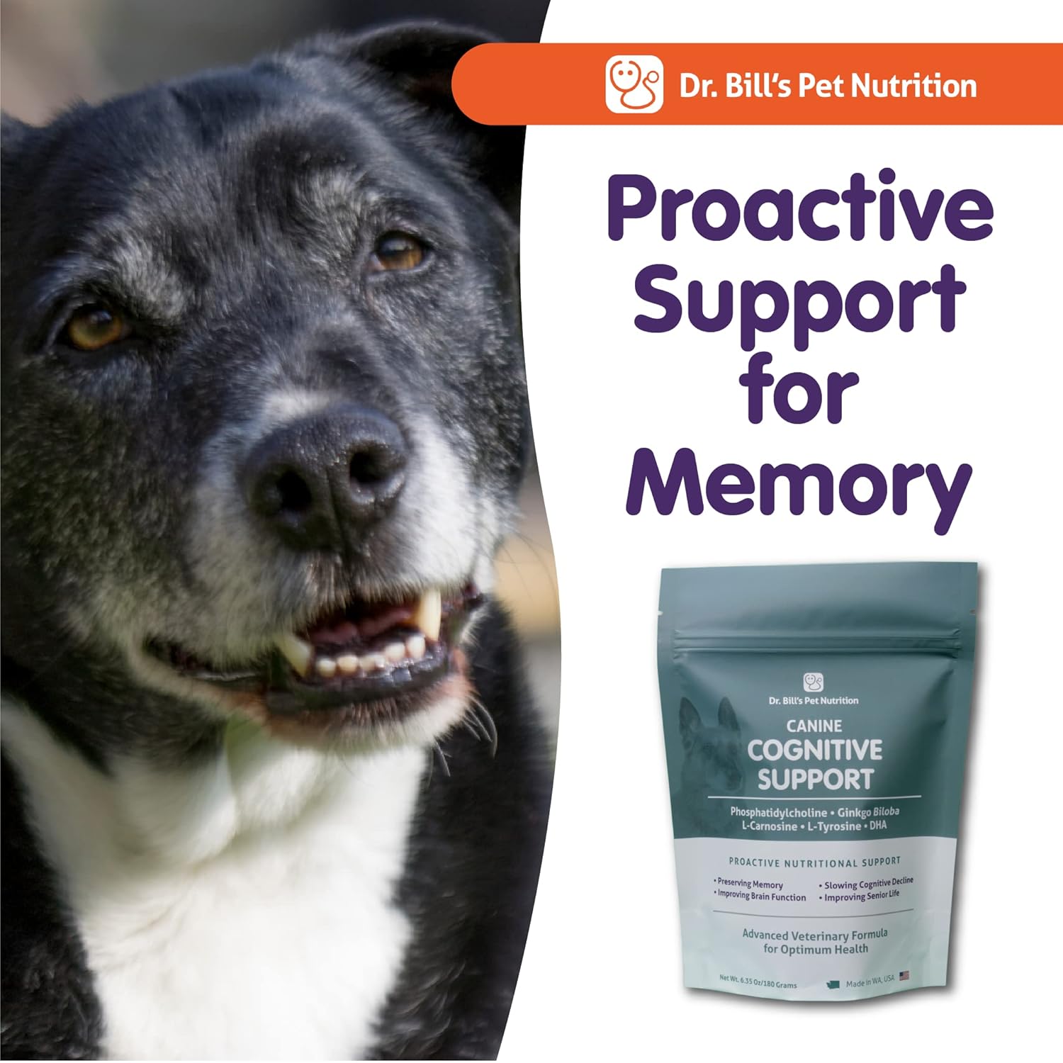 Dr. Bill’s Apoyo cognitivo canino  Suplemento de apoyo de memoria multivitamínico para perros  Contiene Gingko Biloba, L-Carnosina, Vitamina B-12,