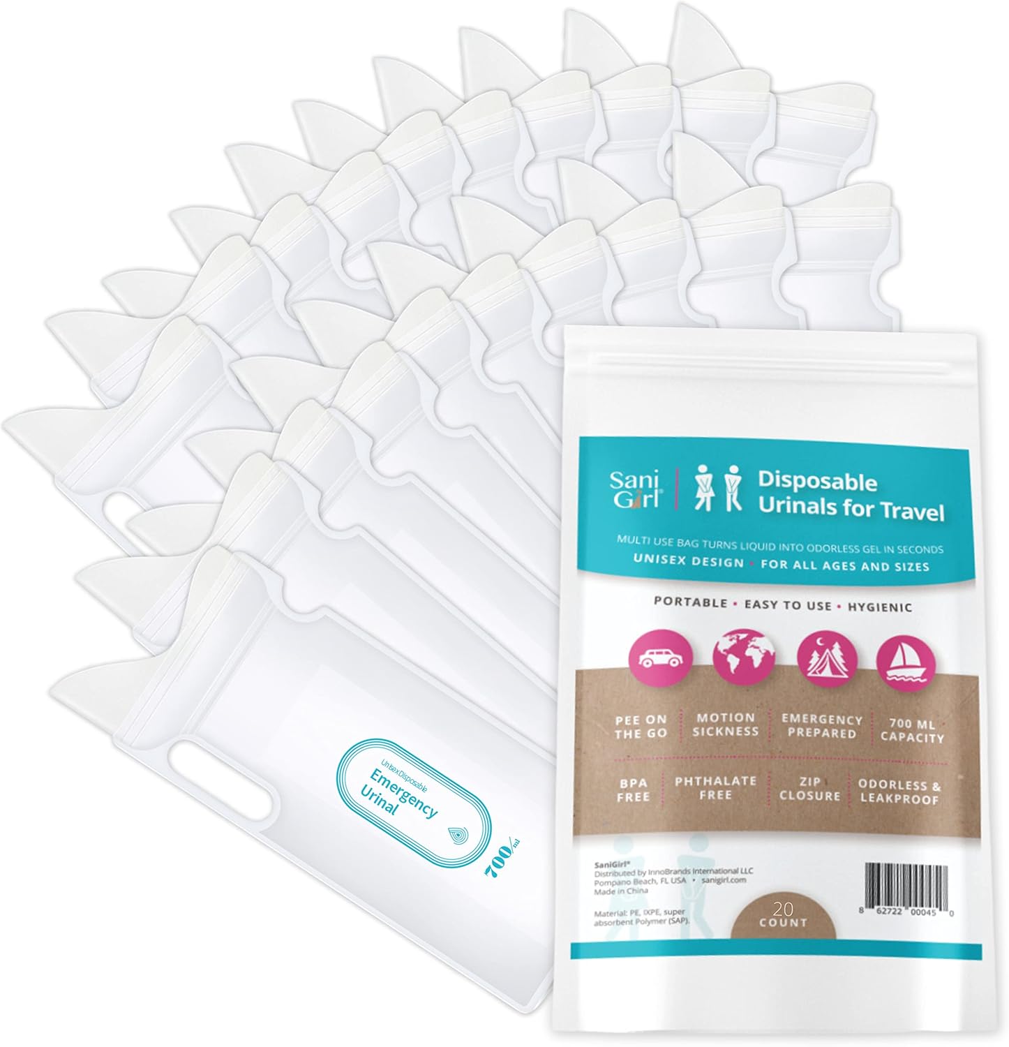 SaniGirl Urinario femenino  Bolsas desechables para orinar para viajes para mujeres, hombres, niños, urinario de emergencia, sanitario, viajes,