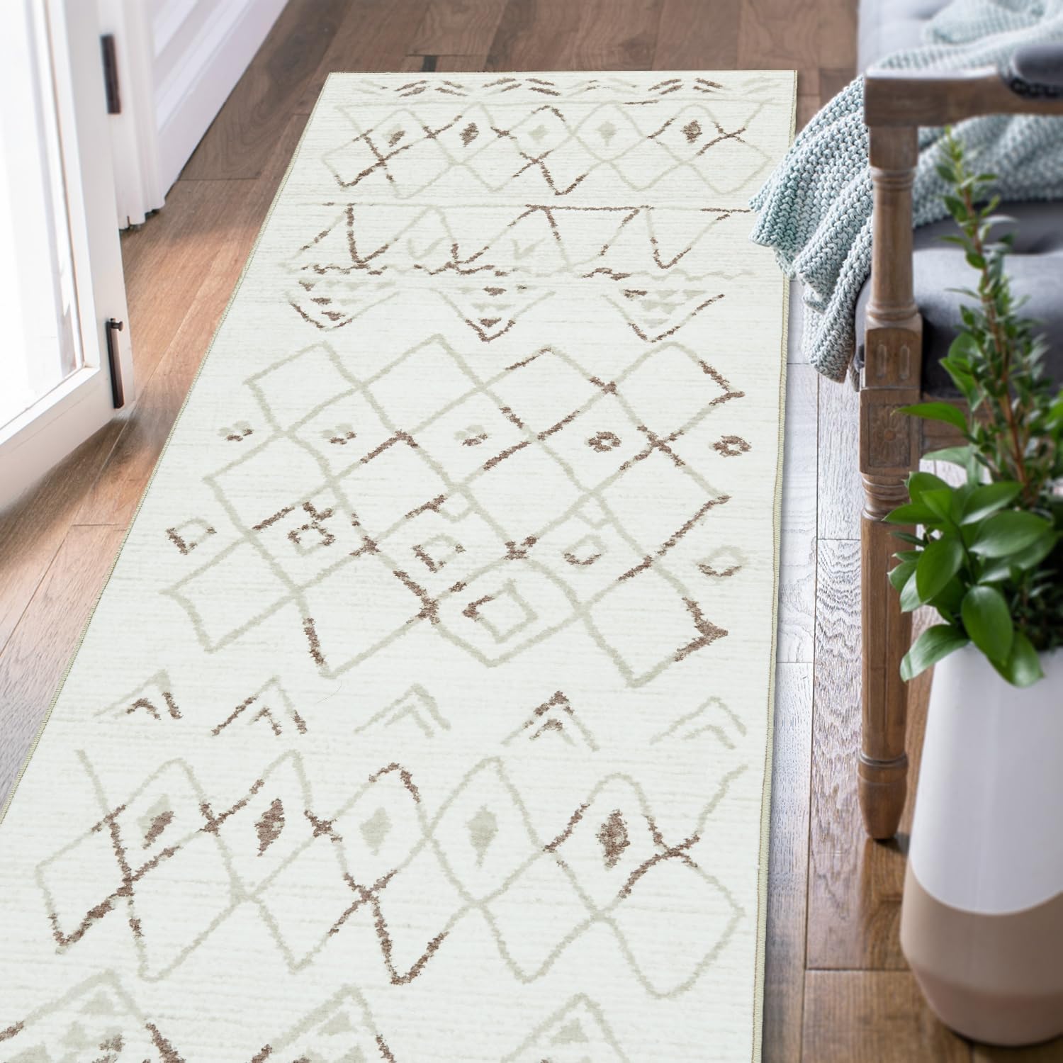 jinchan Alfombra marroquí de 2 x 5 pies, moderna, lavable, geométrica, antideslizante, suave, delgada, para dormitorio, baño, lavandería, sala de