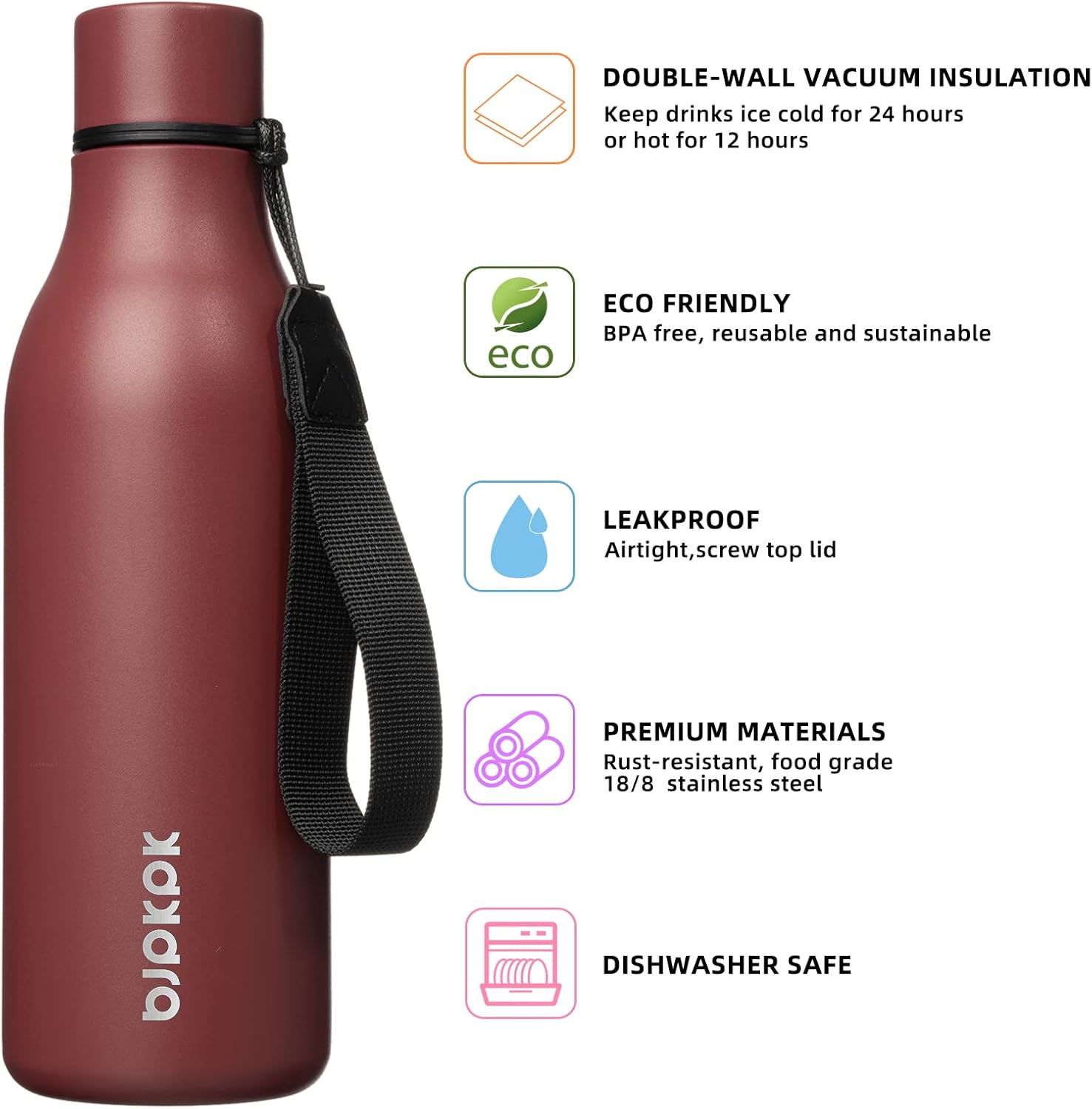 BJPKPK Botellas de agua aisladas, botella de agua de metal de acero inoxidable de 18 onzas con correa, termo a prueba de fugas, tazas, frascos,