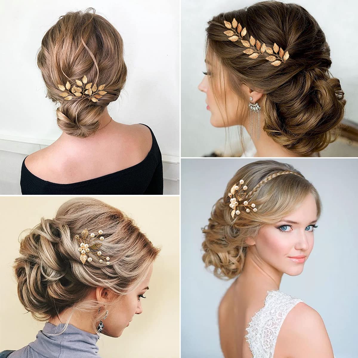 6 horquillas para el pelo de boda para novia, hoja dorada, perlas de cristal, pinzas para el cabello, accesorios vintage para el cabello, joyería