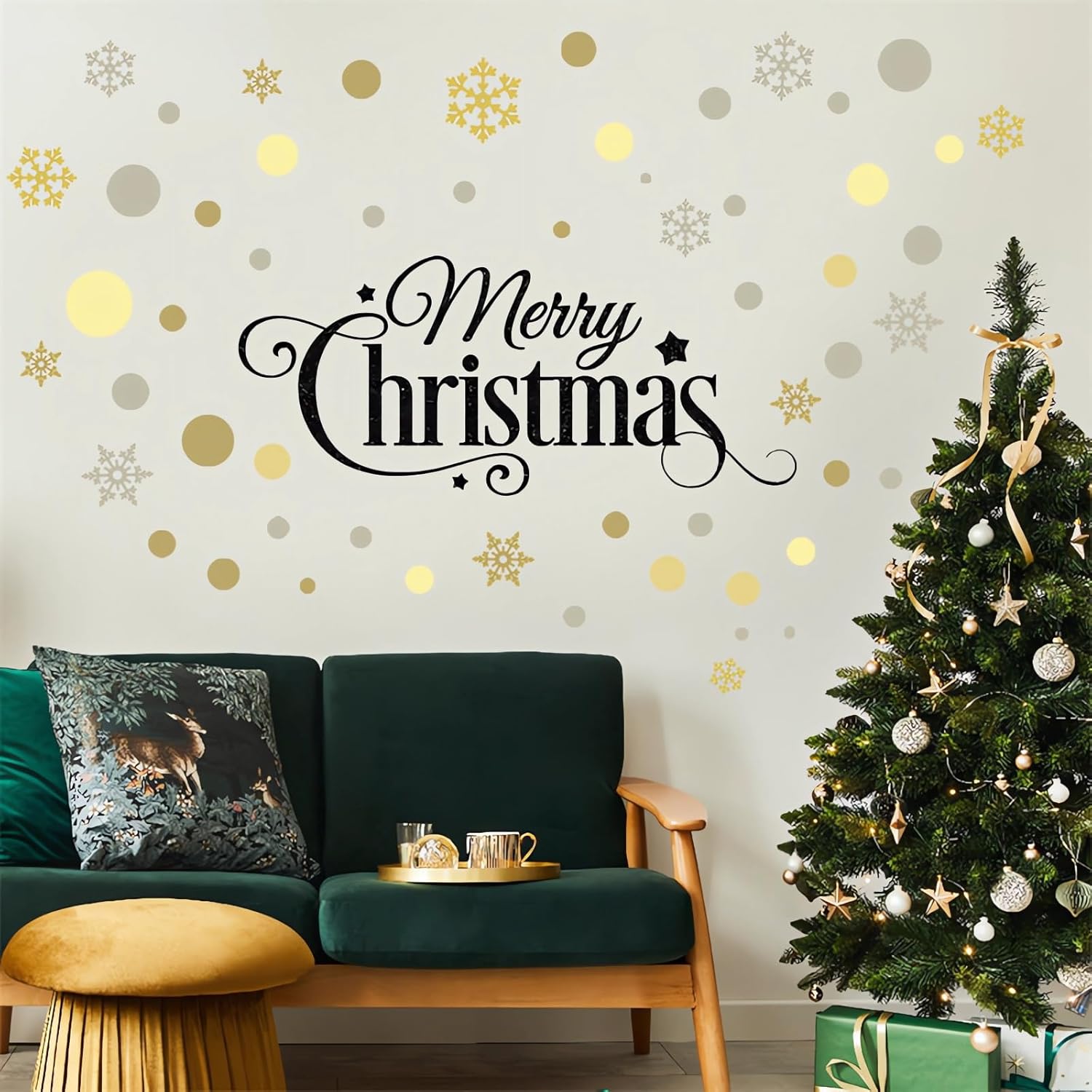 Calcomanías de pared de copos de nieve de lunares dorados, marrones y grises, vinilo extraíble para decoración de Navidad, sala de estar,