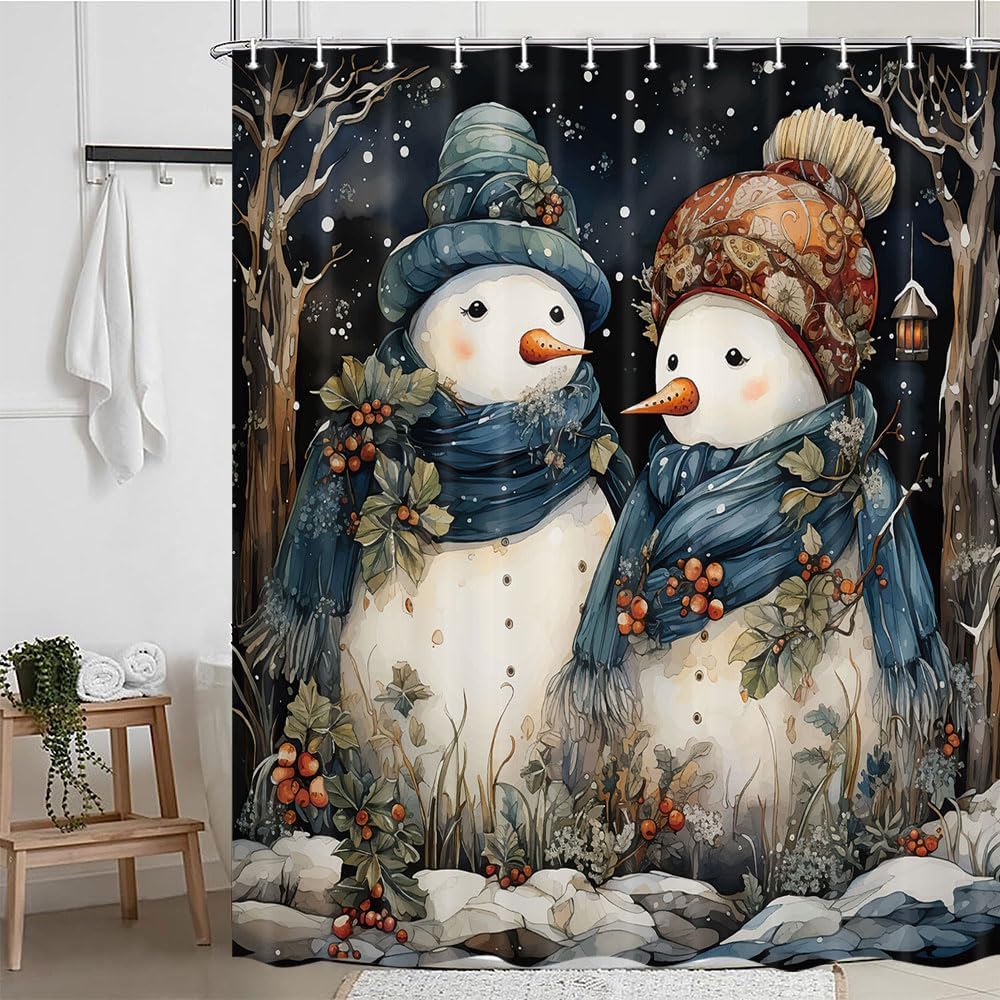 Xiaoput Cortina de ducha con diseño de muñeco de nieve de invierno para baño, muñeco de nieve de Navidad en bosque nevado, impermeable, accesorios