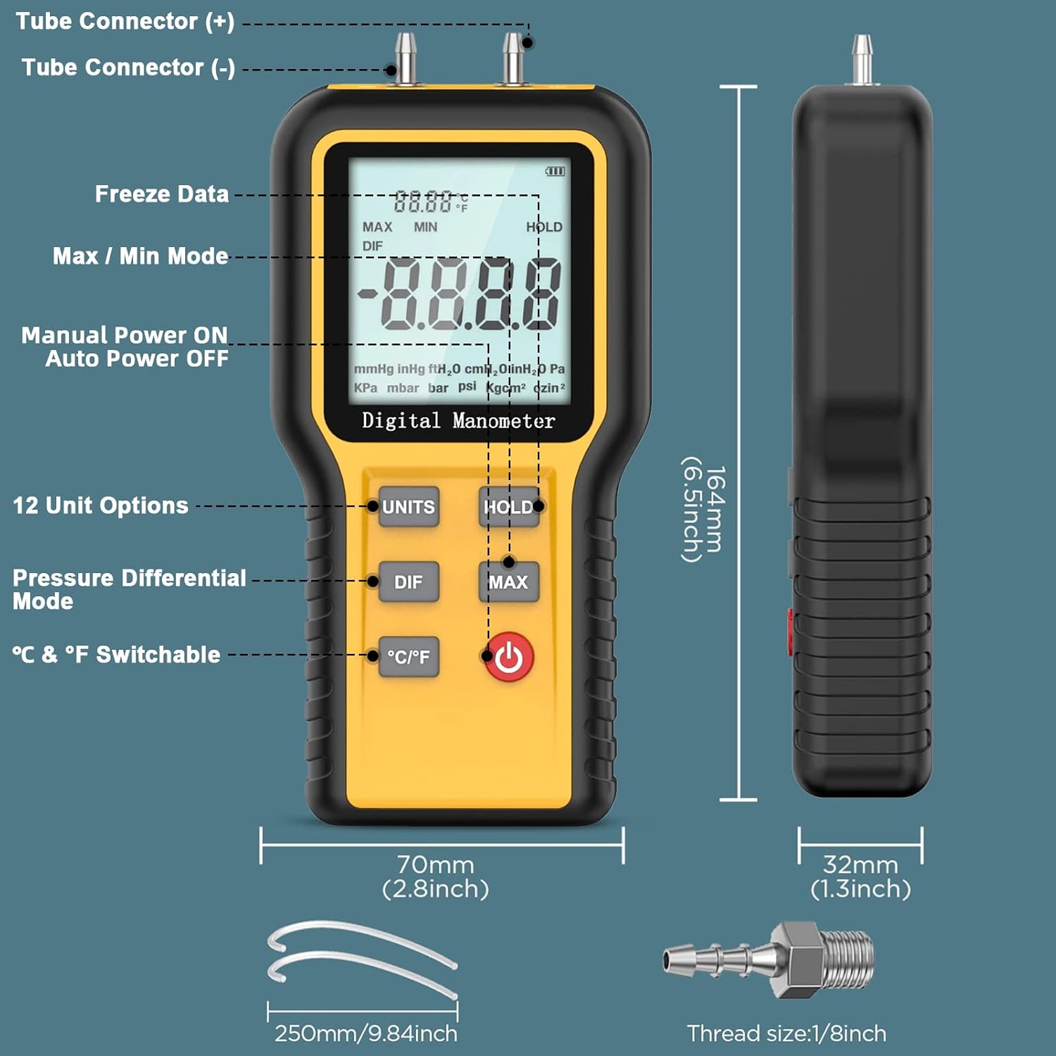 Manómetro, Medidor de presión de aire profesional, Probador de presión de gas de manómetro digital HVAC de doble puerto, 12 unidades seleccionables