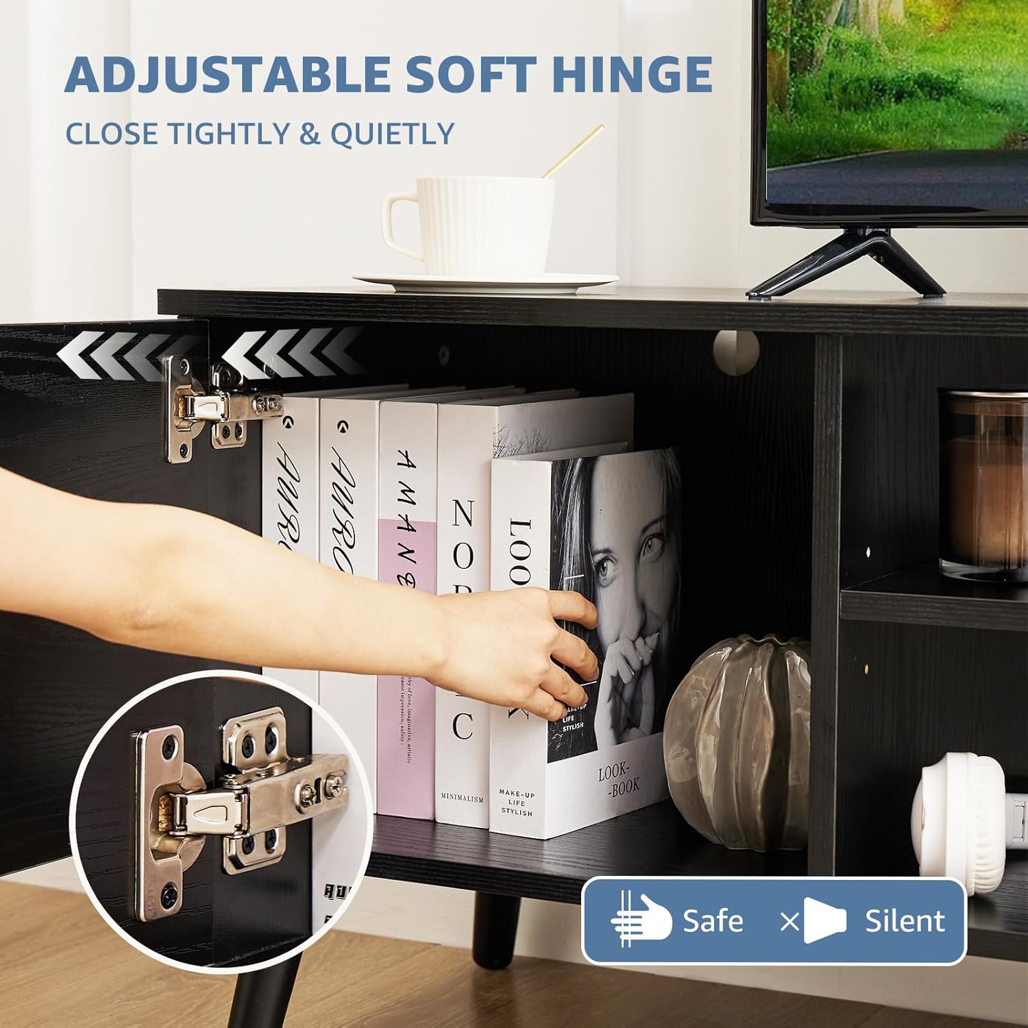DUMOS Soporte de TV para TV de 55 y 60 pulgadas, centro de entretenimiento con gabinete de almacenamiento, mesa consola multimedia moderna de