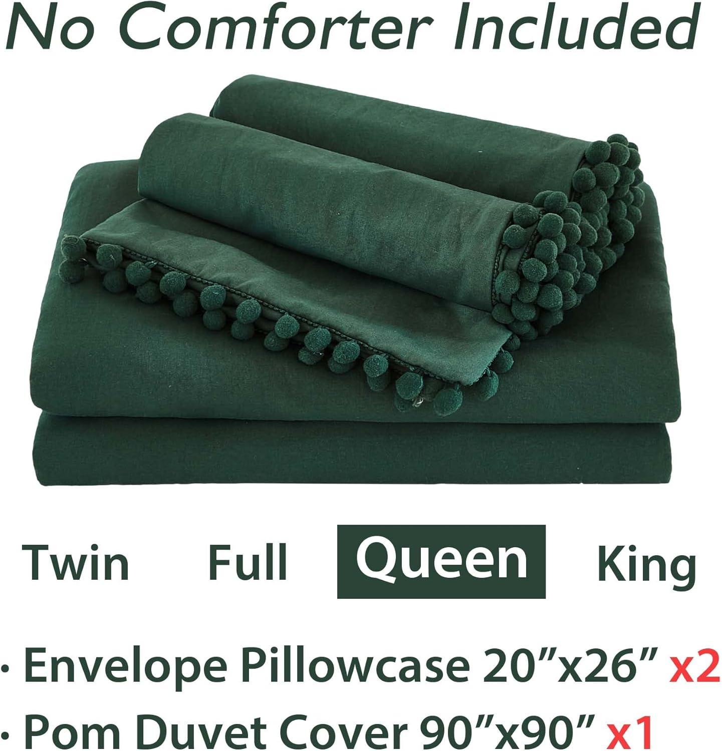 Andency Funda de edredón verde esmeralda tamaño Queen (90 x 90 pulgadas), 3 piezas (1 funda de edredón verde oscuro con flecos de pompones, 2 fundas
