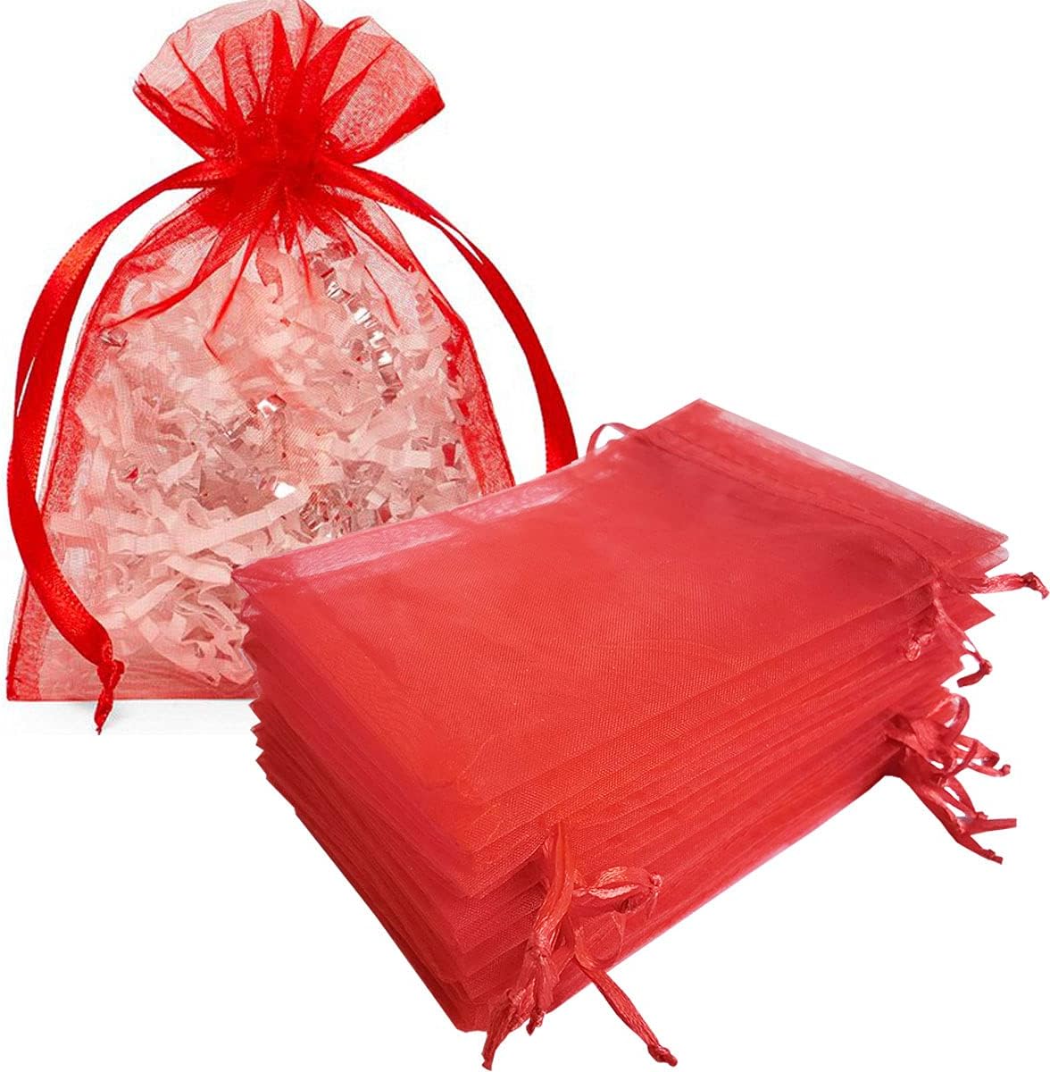 Bolsas de regalo de organza de 5 x 7 pulgadas con cordón para joyas, dulces, flores de lavanda secas, 100 bolsitas rojas, bolsa de malla de tela