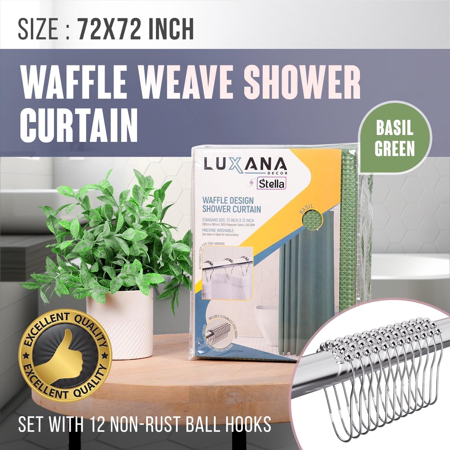 LUXANA Cortina de ducha verde albahaca de 72 x 72 pulgadas, juego de cortinas de ducha con 12 ganchos, juego de cortinas de baño neutras con cortina