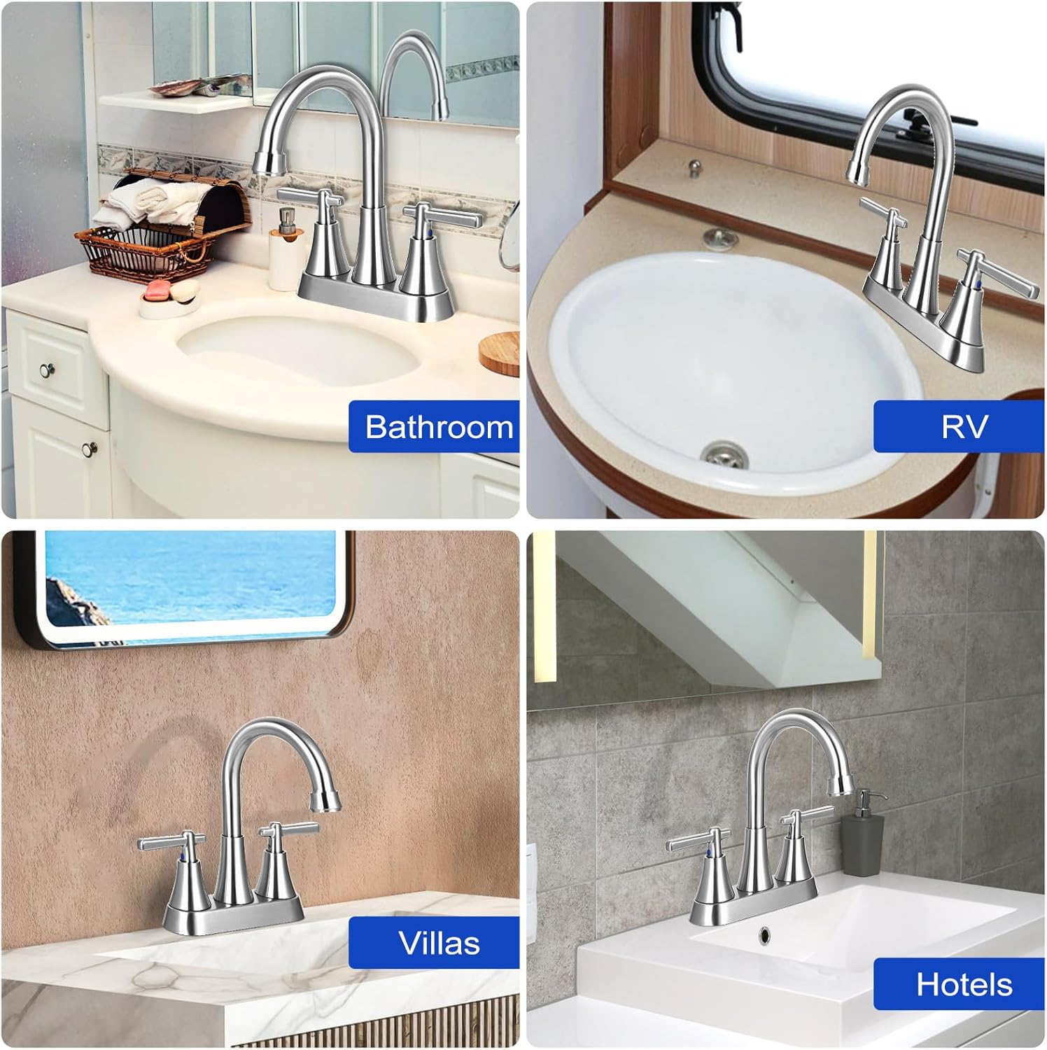 Grifo de baño, grifo de lavabo de baño de 3 agujeros de 4 pulgadas, juego central de acero inoxidable sin plomo, 2 asas, con drenaje desplegable y 2