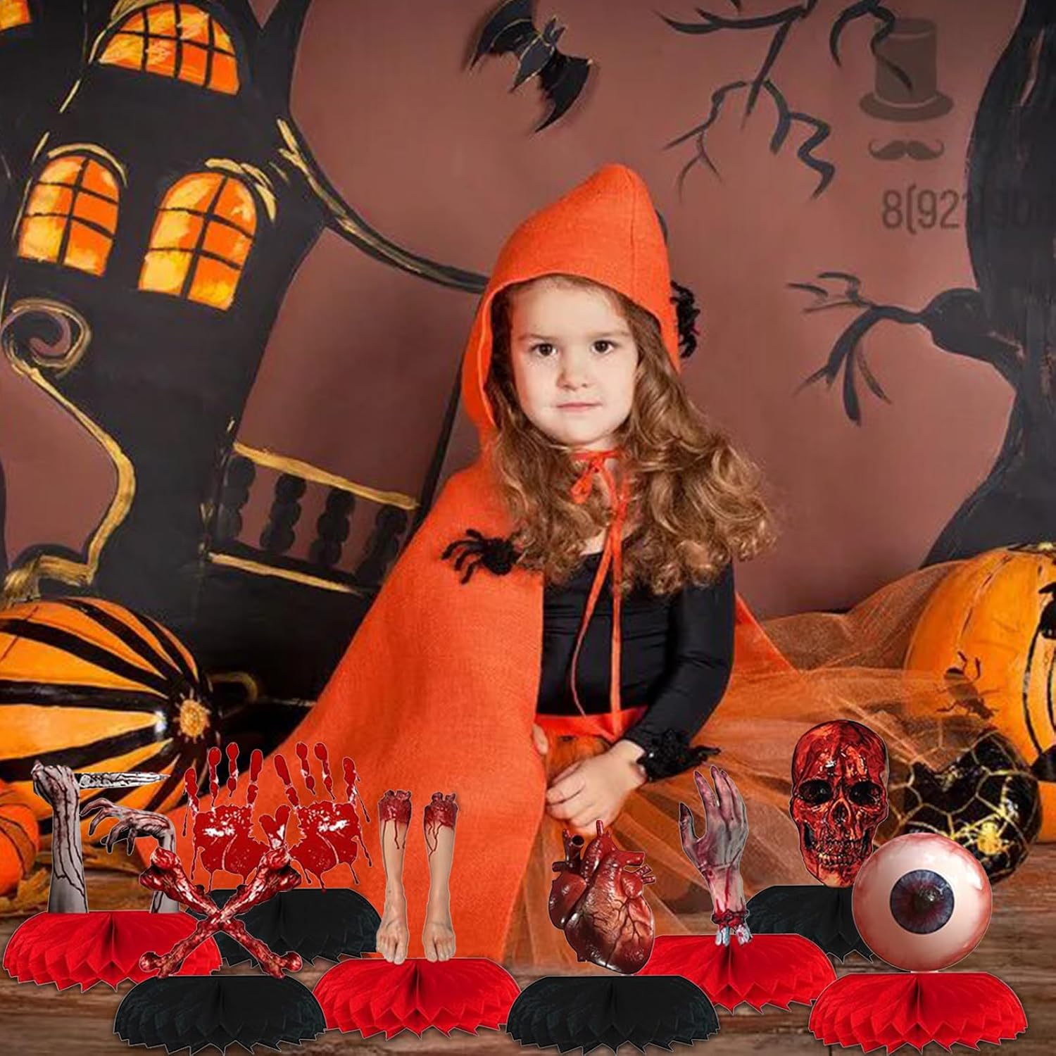 Dulousia Centros de mesa sangrientos de Halloween, 8 piezas 3D espeluznantes partes del cuerpo roto de panal, decoración de mesa de cadáver