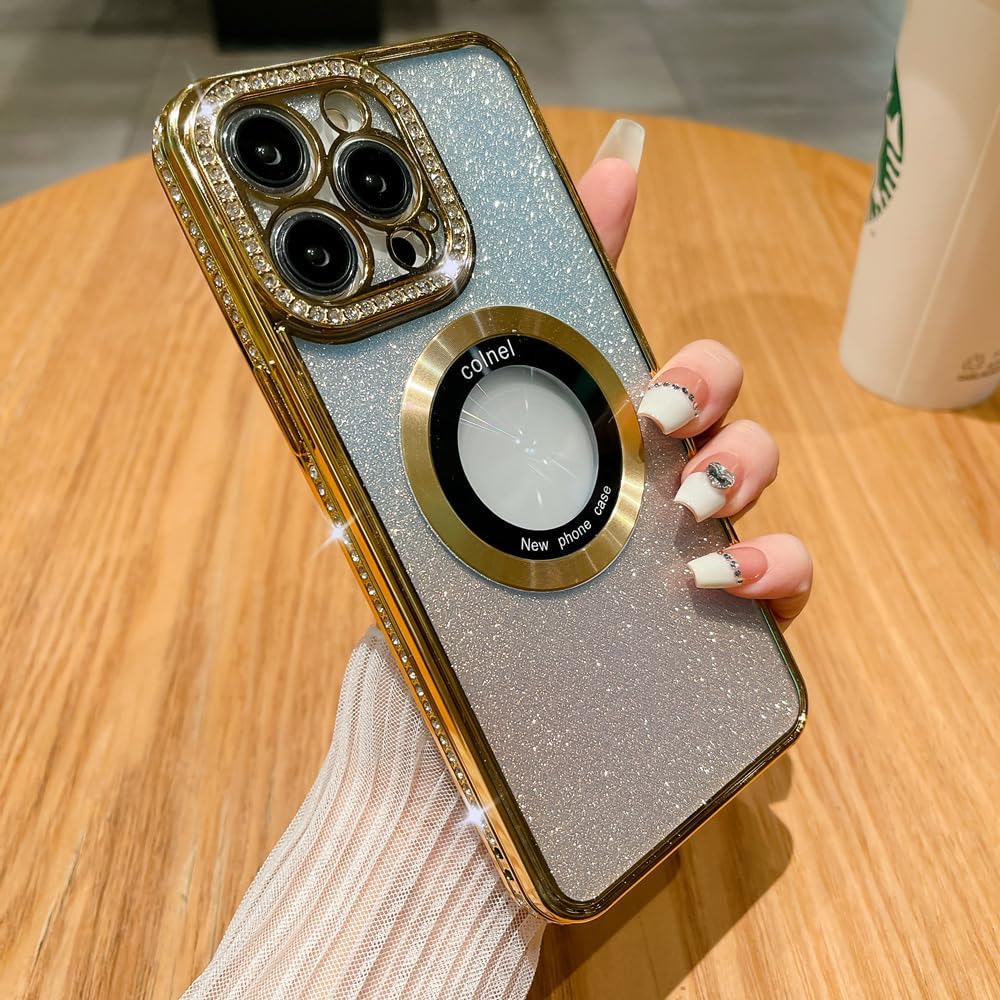 MZELQ Funda para iPhone 14 Pro Max con purpurina degradada Soporte para MagsafeProtector de cámara con diamantes magnéticos, vista de logotipo,