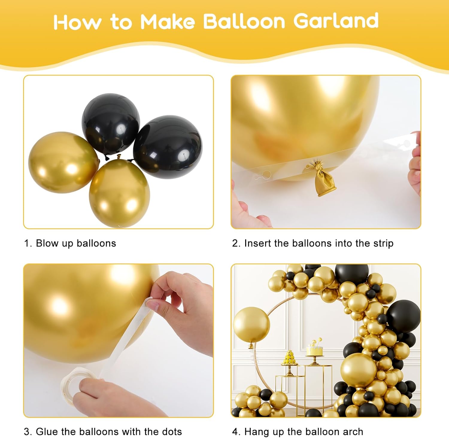 RUBFAC Kit de guirnalda de arco de globos negros y dorados, juego de globos de látex de 18125 pulgadas para fiesta de cumpleaños, boda, graduación,