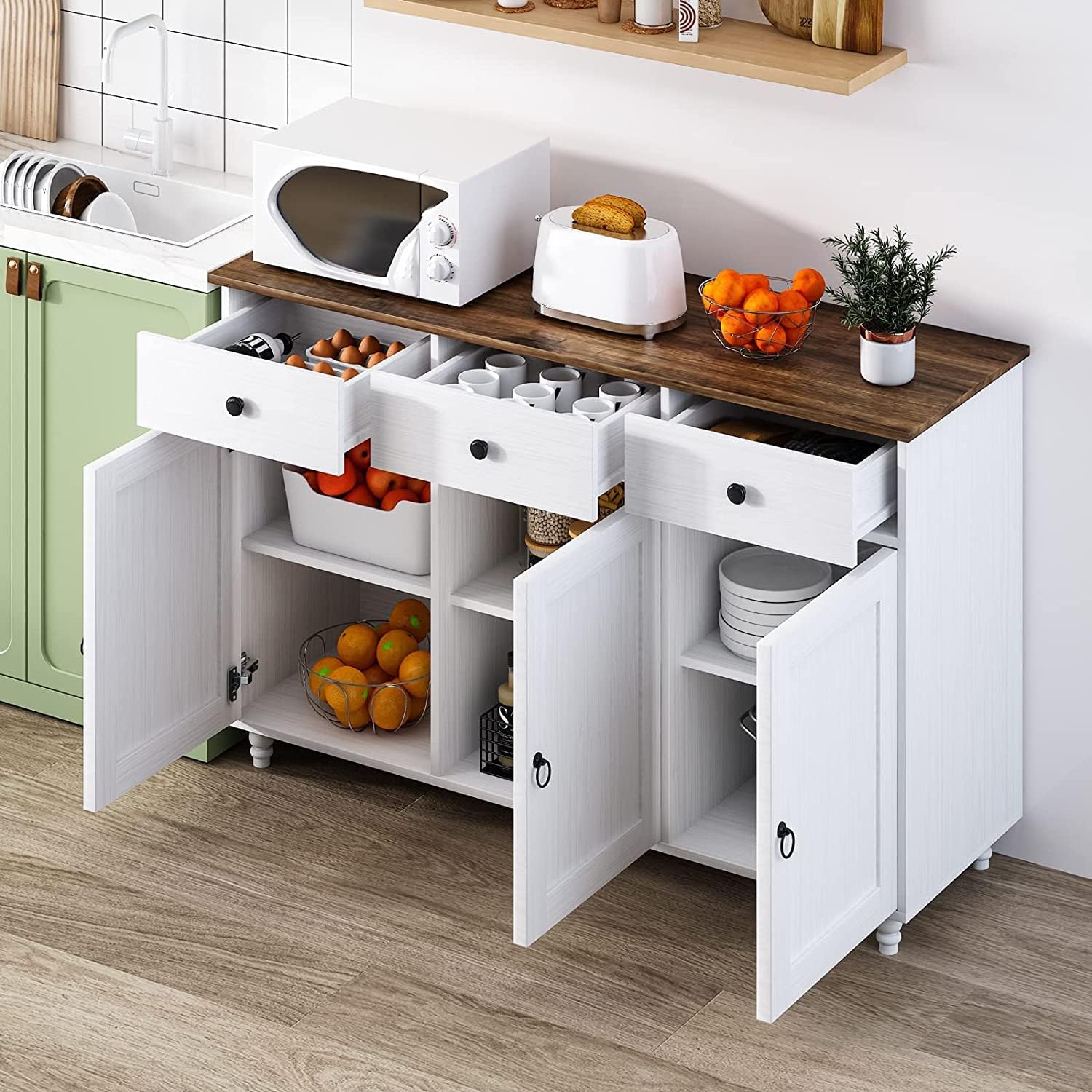 Armario de buffet blanco con almacenamiento, gabinete de cocina de 47 pulgadas con puertas de granero, armario de almacenamiento aparador con