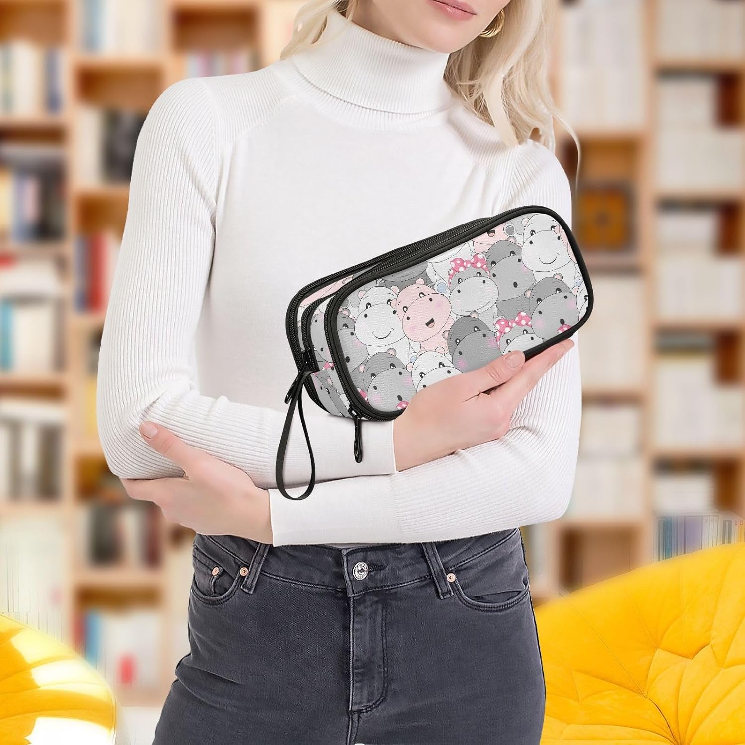 Lindo estuche para lápices de hipopótamo para bebés, estuche grande para lápices para niños, niñas, compartimentos con cremallera, gran capacidad,