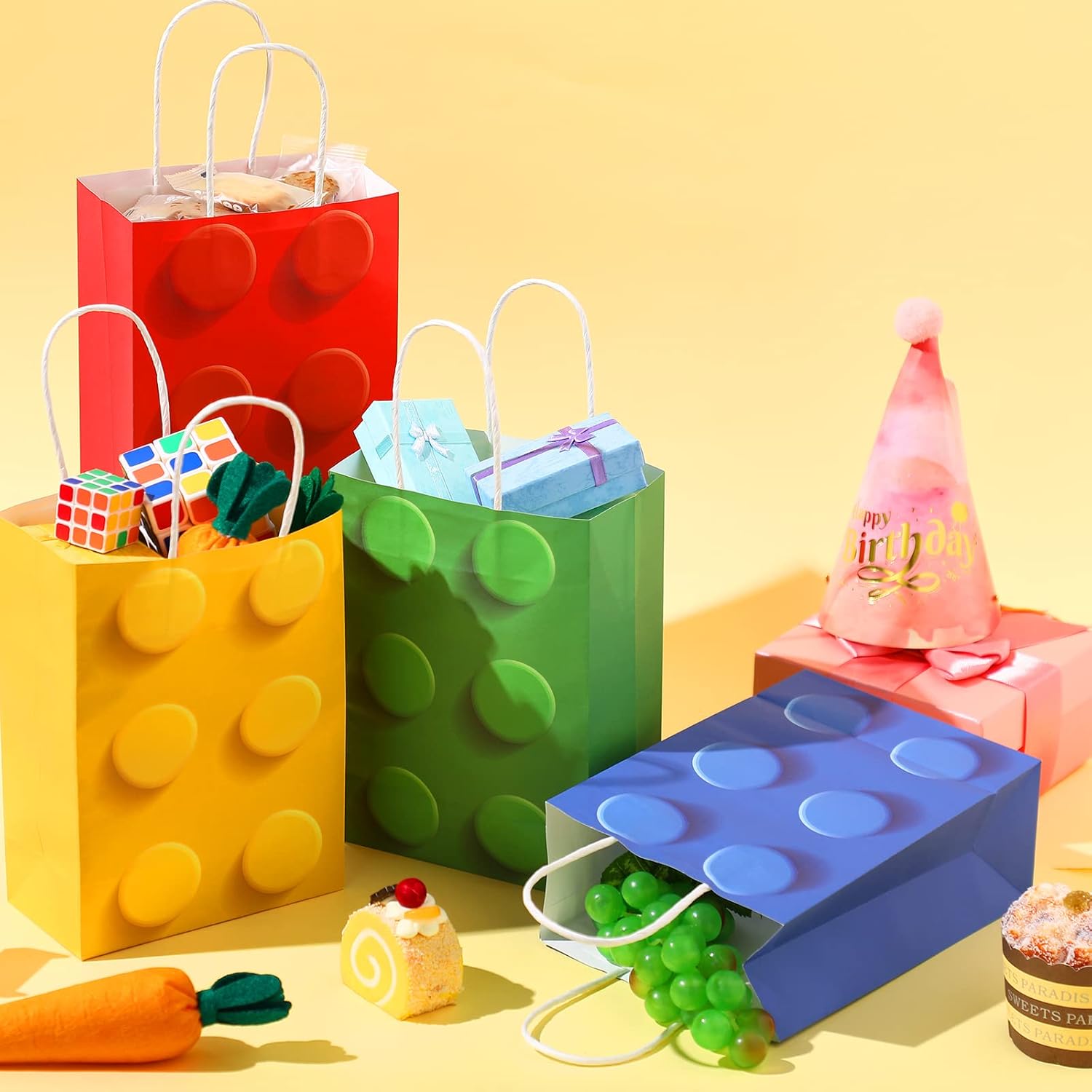 Bolsas de regalo de fiesta de bloques de construcción, bolsas de papel de dulces de ladrillos, bolsas de regalo con asa para bloques de
