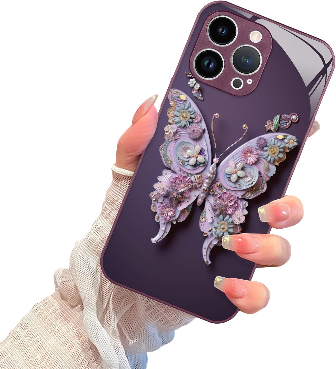 AIGOMARA Funda para iPhone 15 Pro Max de 6.7 pulgadas, bonita mariposa chapada en purpurina con protección de la cámara, a prueba de golpes,