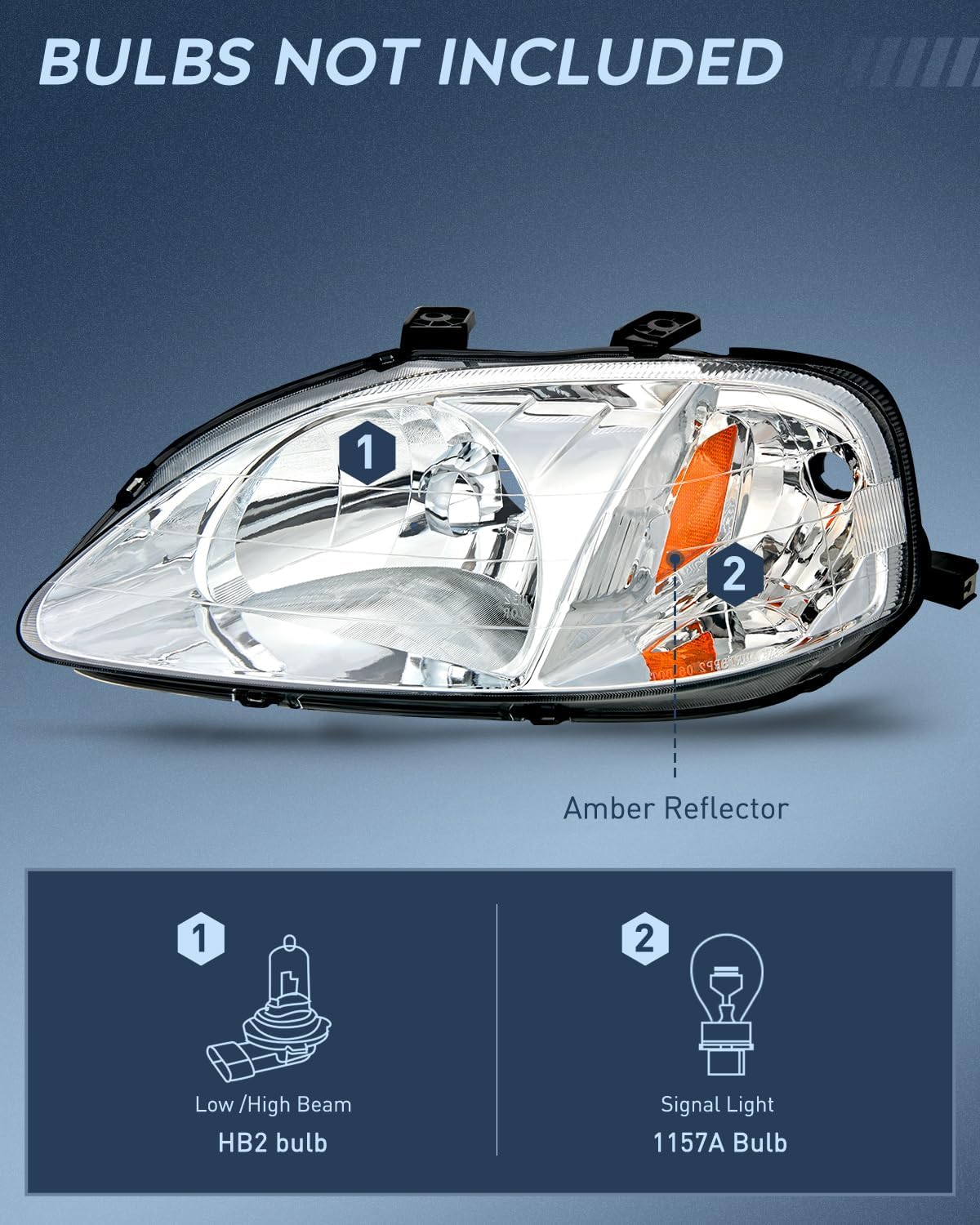 Nilight Conjunto de faros delanteros compatible con Honda Civic 1999 2000, carcasa cromada, reflector ámbar, lente transparente mejorada, lado del