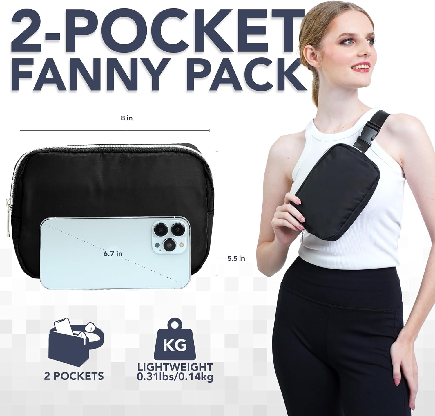 Riñonera diaria para mujeres y hombres  Riñonera  Riñonera ligera para viajes, deportes, senderismo, Negro – 1 bolsillo, Riñonera