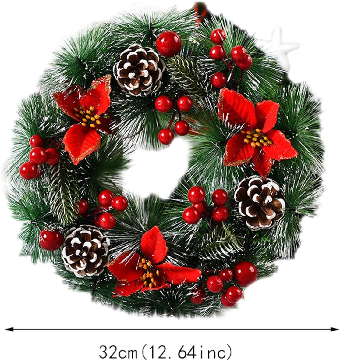 Corona de Navidad de 12.6 pulgadas para puerta delantera, flor de pascua roja, bayas y piñones, coronas de Navidad artificiales para exteriores,