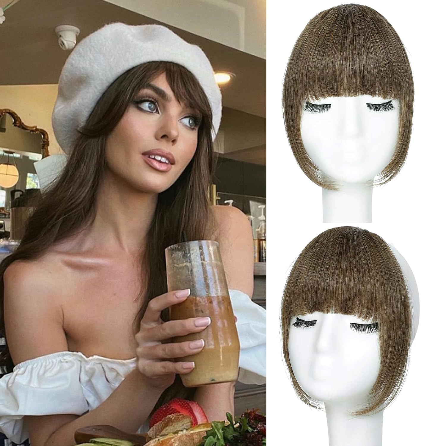 Flequillo con clip, extensiones de cabello humano 100 % real, flequillo francés falso, fleco francés con sienes, cortina plana frontal ordenada,