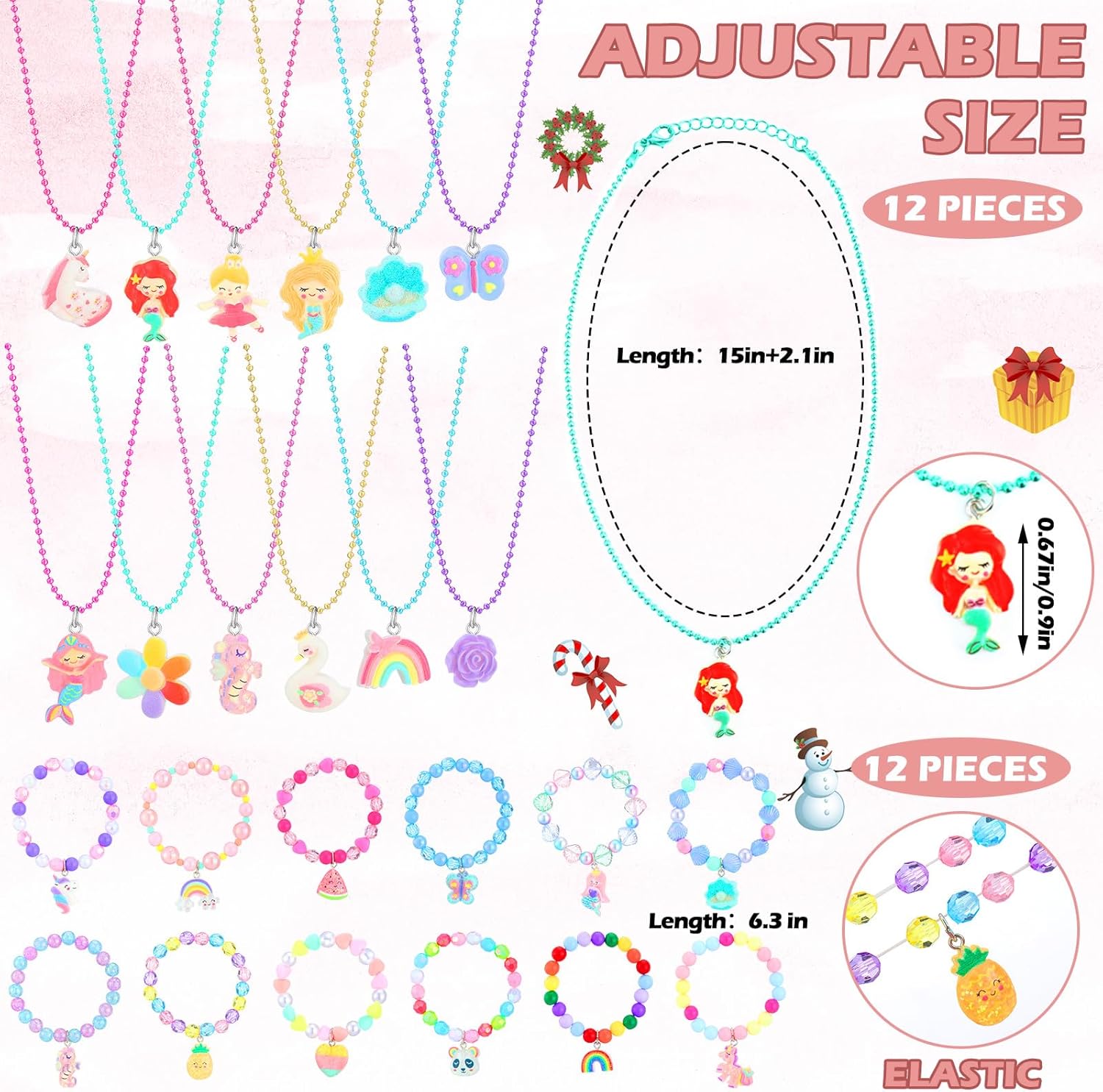 63 piezas de joyería de juego para niñas pequeñas, collar de cuentas de princesa para niños, pulseras, anillos, pinzas para el cabello, aretes con