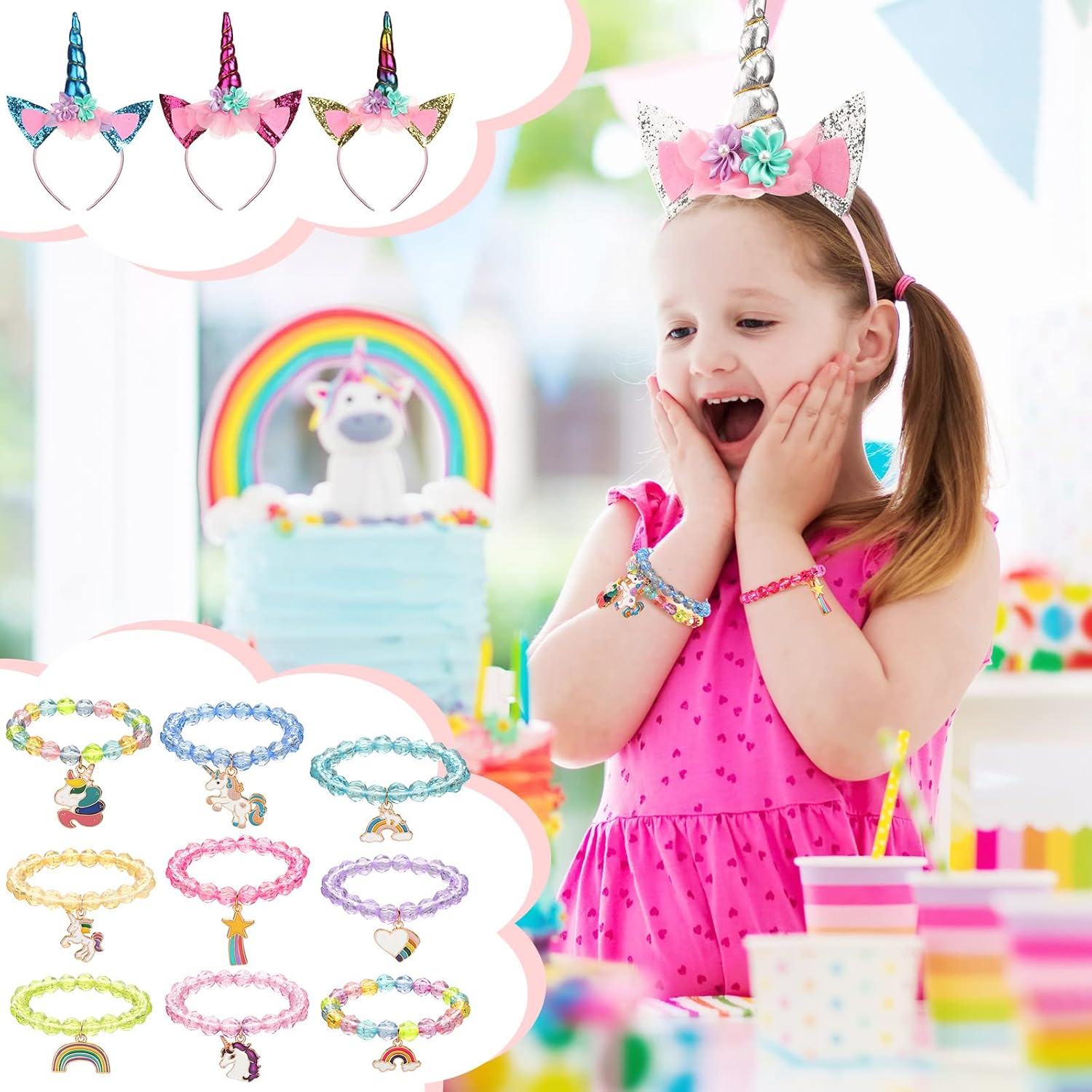 Jexine Los recuerdos de fiesta de unicornio de 18 piezas incluyen 9 diademas de unicornio y 9 pulseras de cuentas de arcoíris de unicornio, diadema