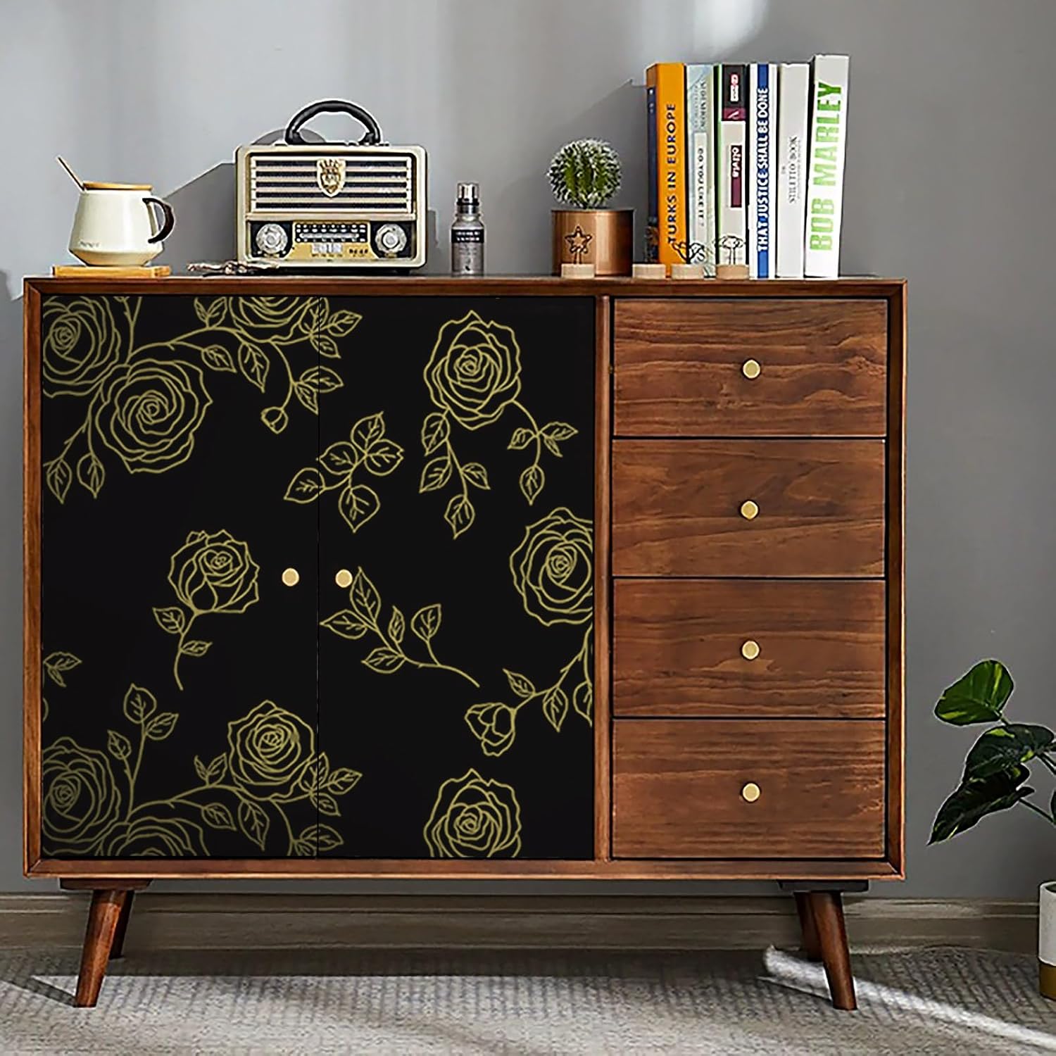 Yun-aeon Papel tapiz floral dorado y adhesivo de 17.3 x 300 pulgadas, papel de contacto moderno, geométrico, extraíble, autoadhesivo, para