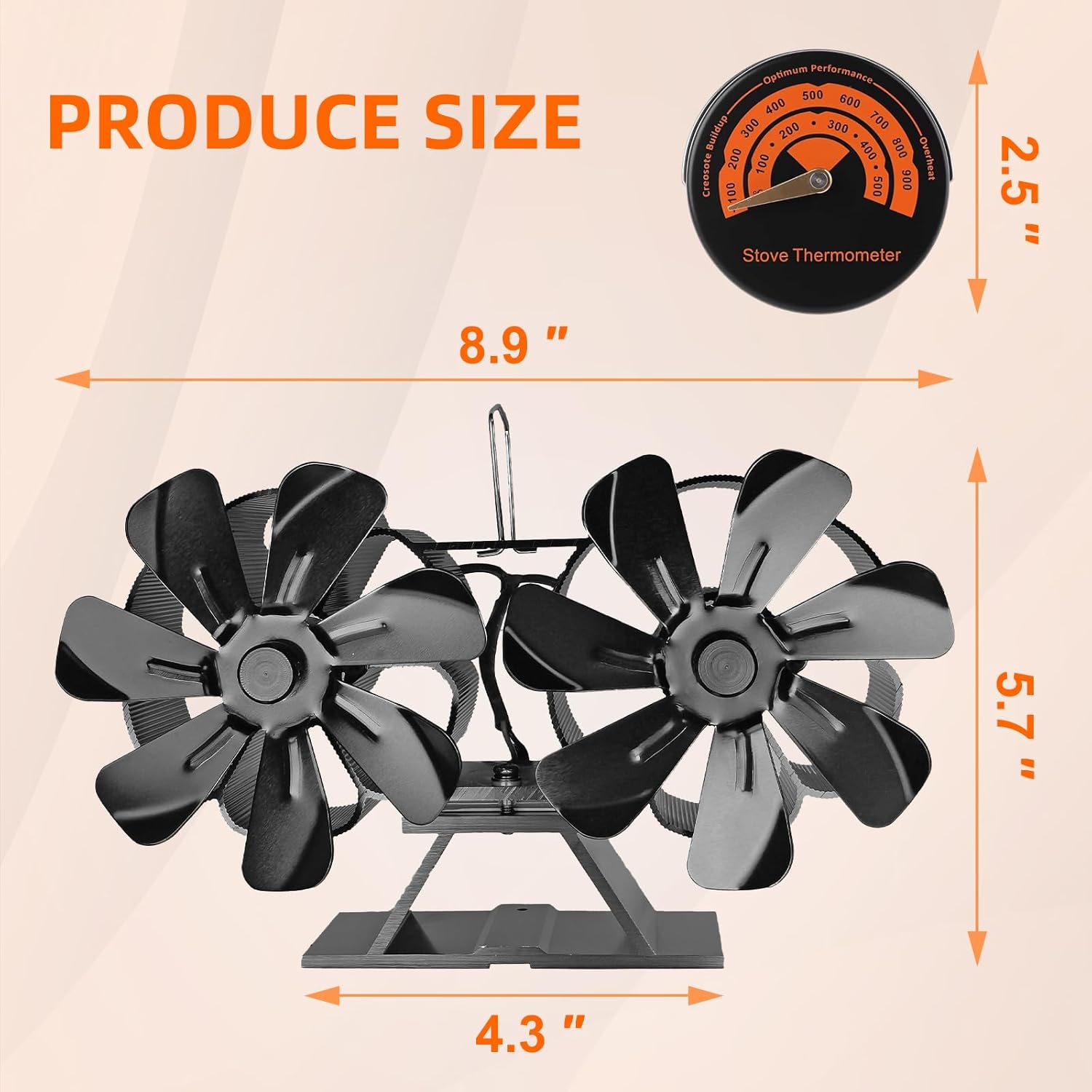 Ventilador de estufa de leña con motores duales alimentados por calor, ventiladores de estufa de 14 aspas, ventilador de chimenea con termómetro